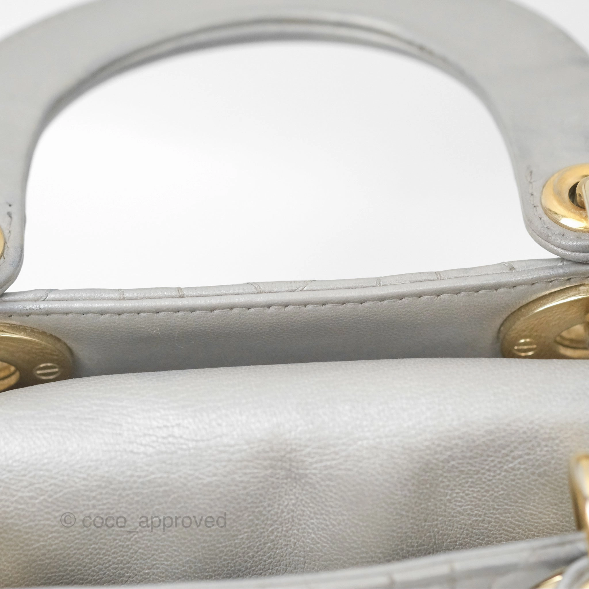 Christian Dior Mini Lady Dior Iridescent Light Grey Cannage Lambskin Gold Hardware