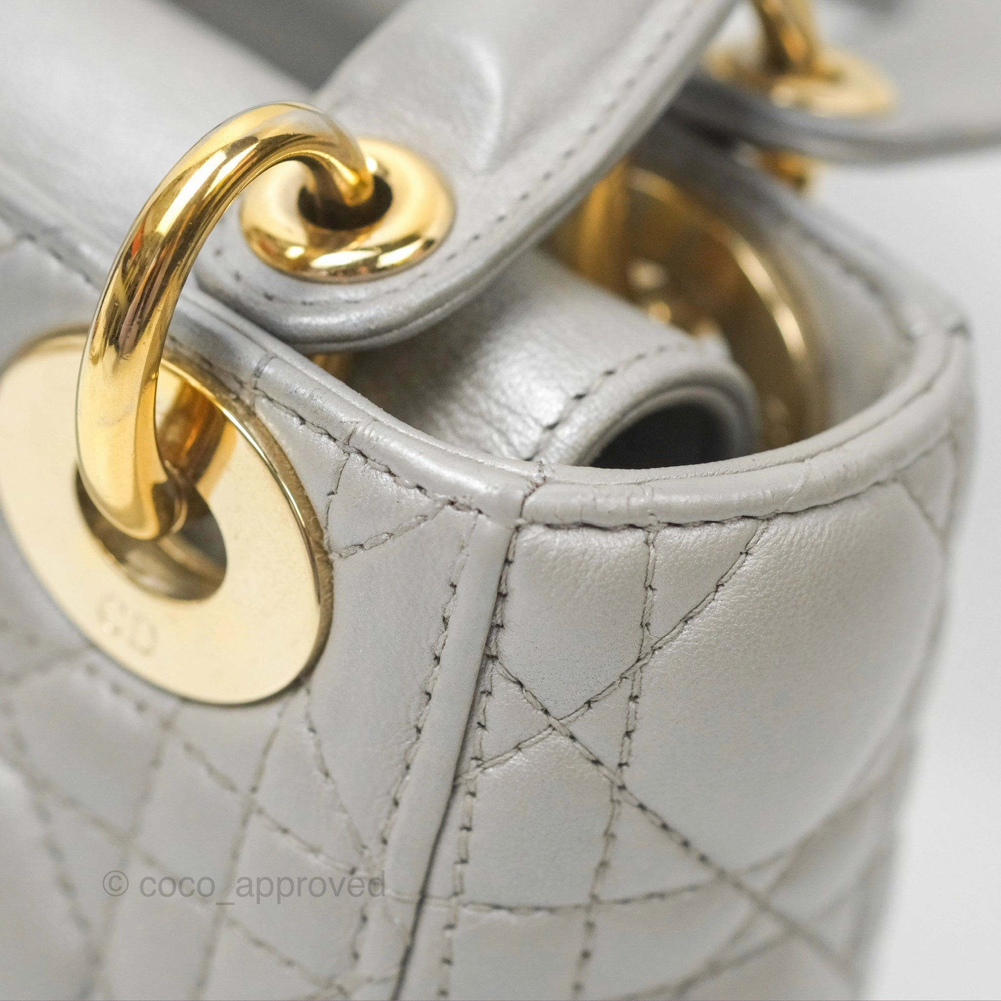 Christian Dior Mini Lady Dior Iridescent Light Grey Cannage Lambskin Gold Hardware