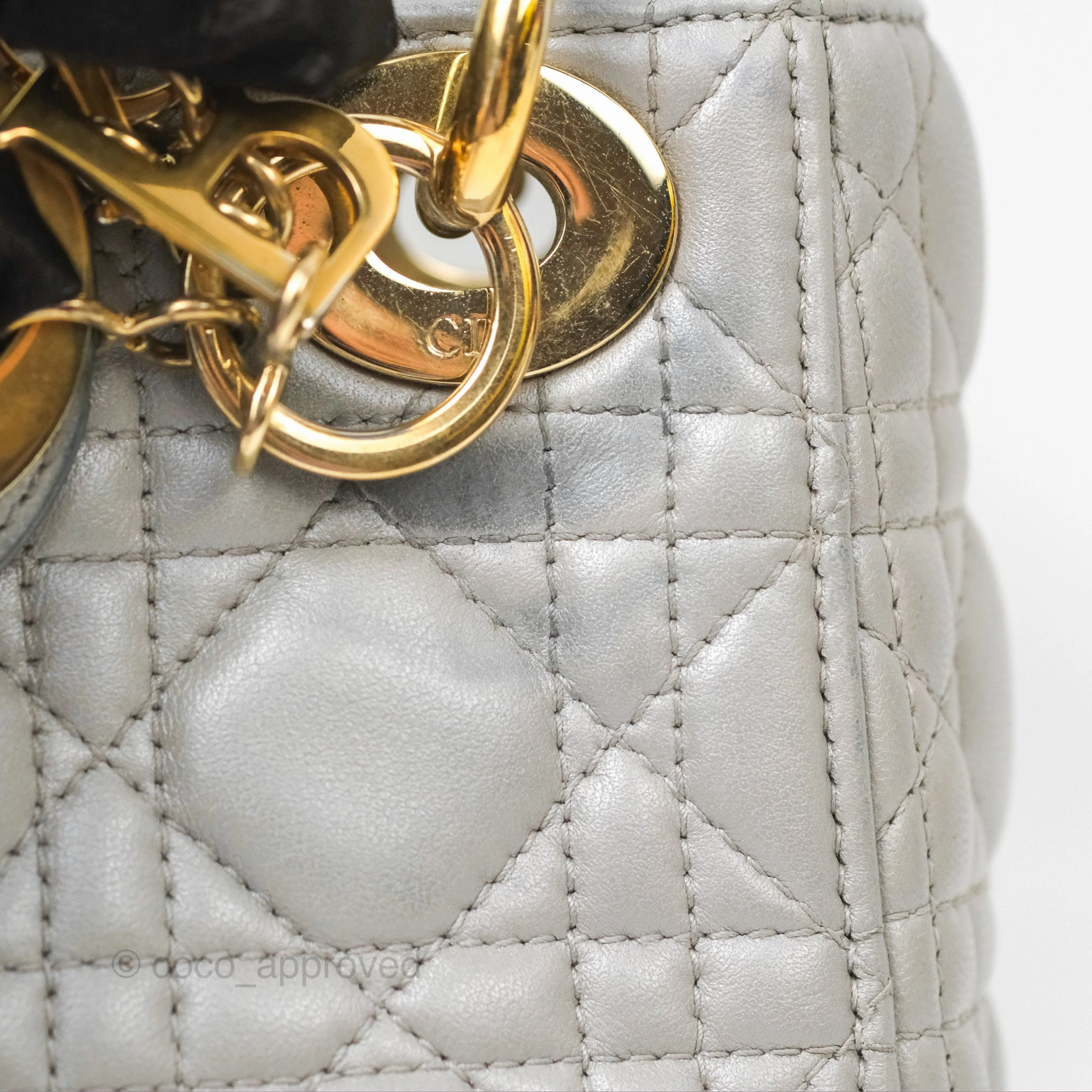 Christian Dior Mini Lady Dior Iridescent Light Grey Cannage Lambskin Gold Hardware