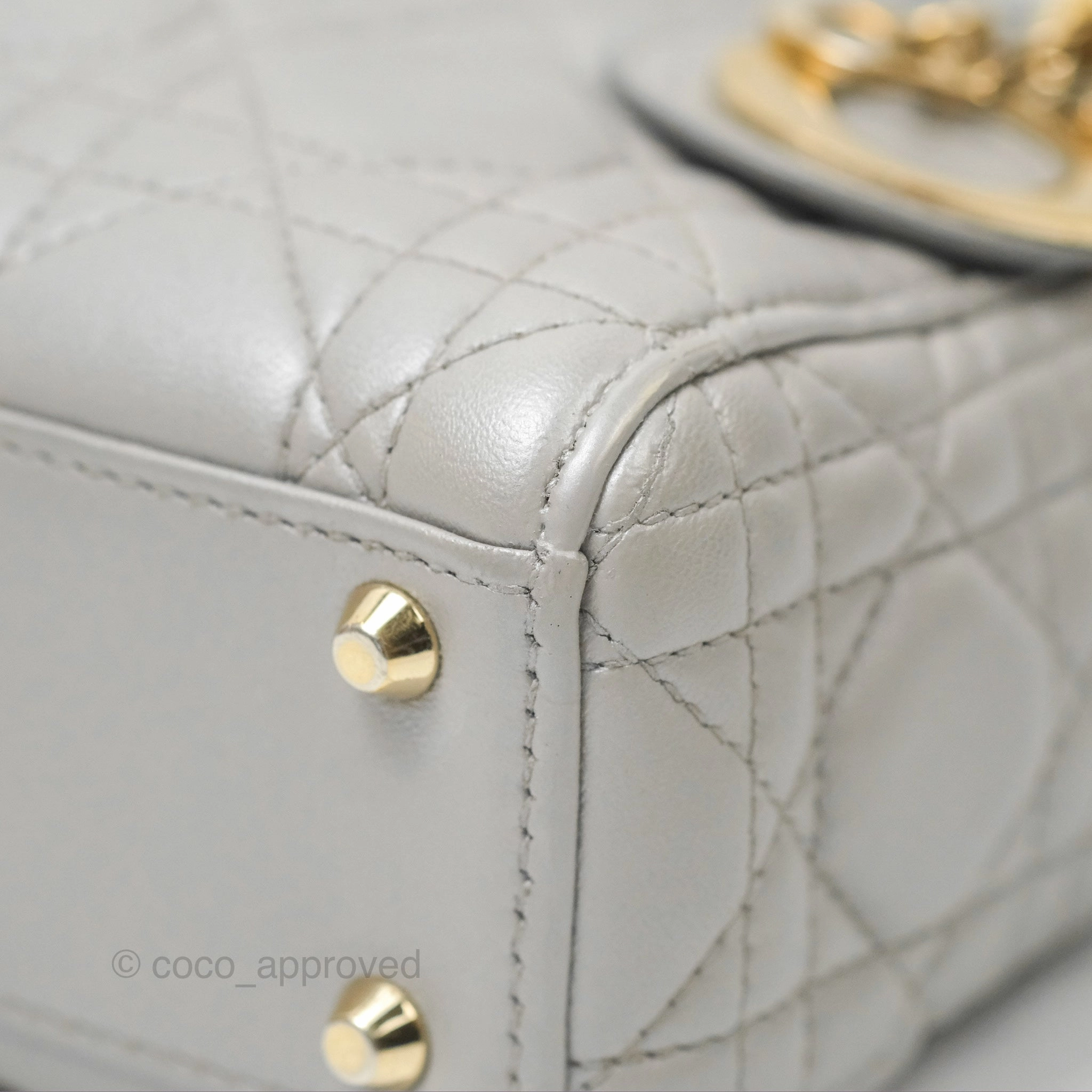 Christian Dior Mini Lady Dior Iridescent Light Grey Cannage Lambskin Gold Hardware