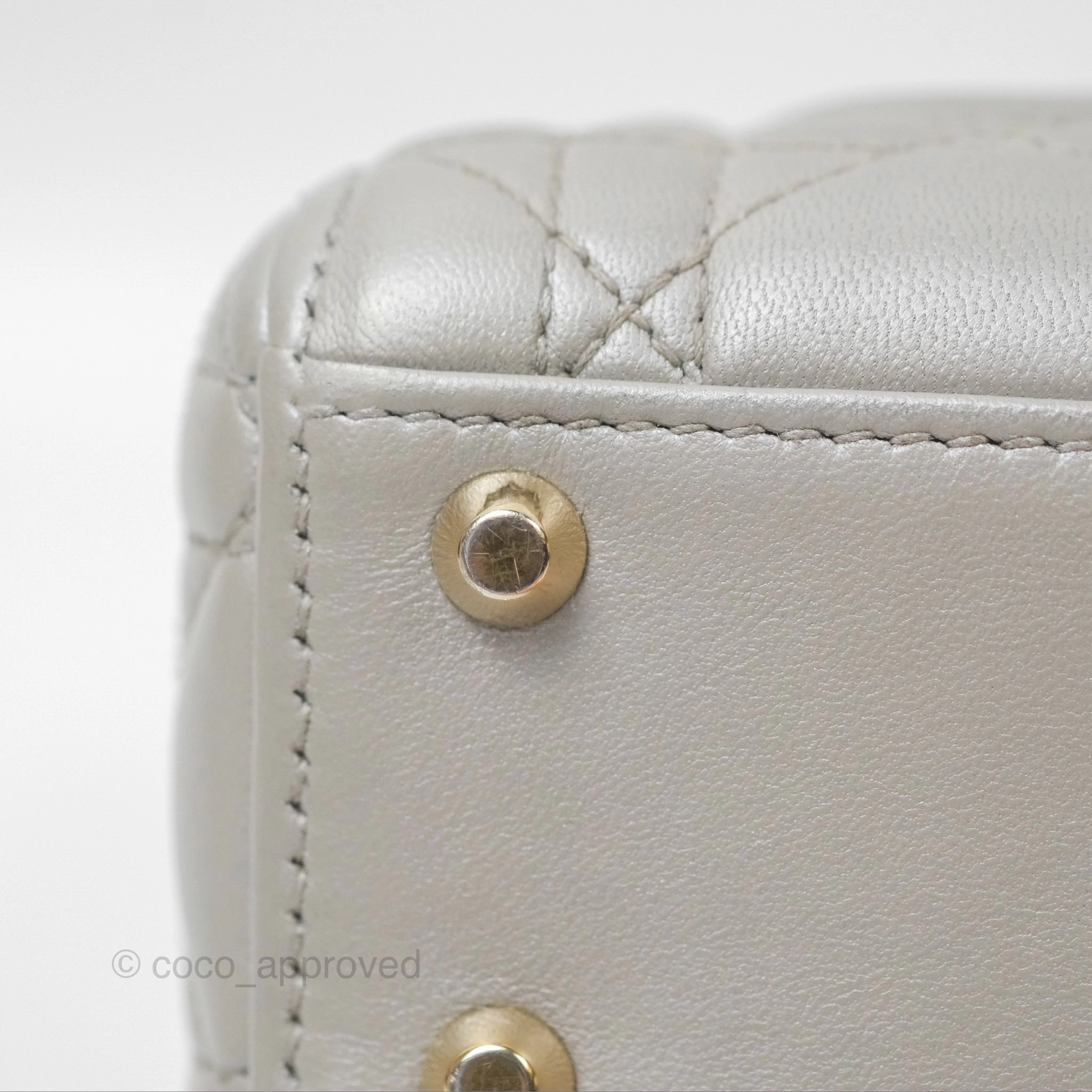 Christian Dior Mini Lady Dior Iridescent Light Grey Cannage Lambskin Gold Hardware