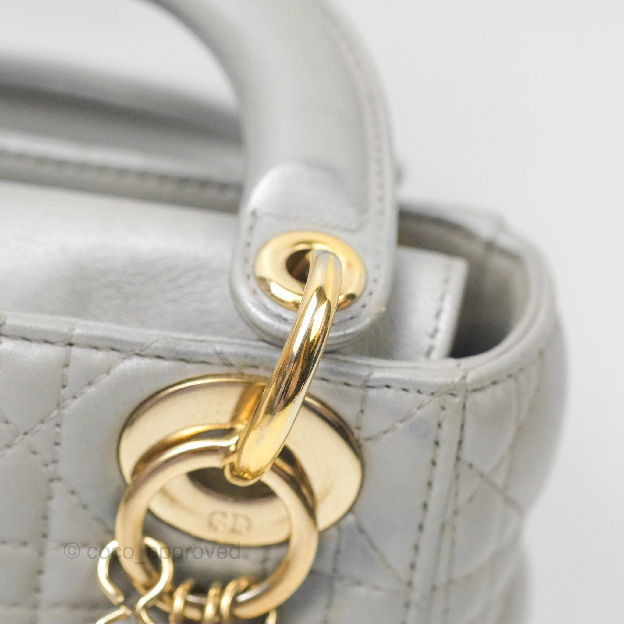 Christian Dior Mini Lady Dior Iridescent Light Grey Cannage Lambskin Gold Hardware
