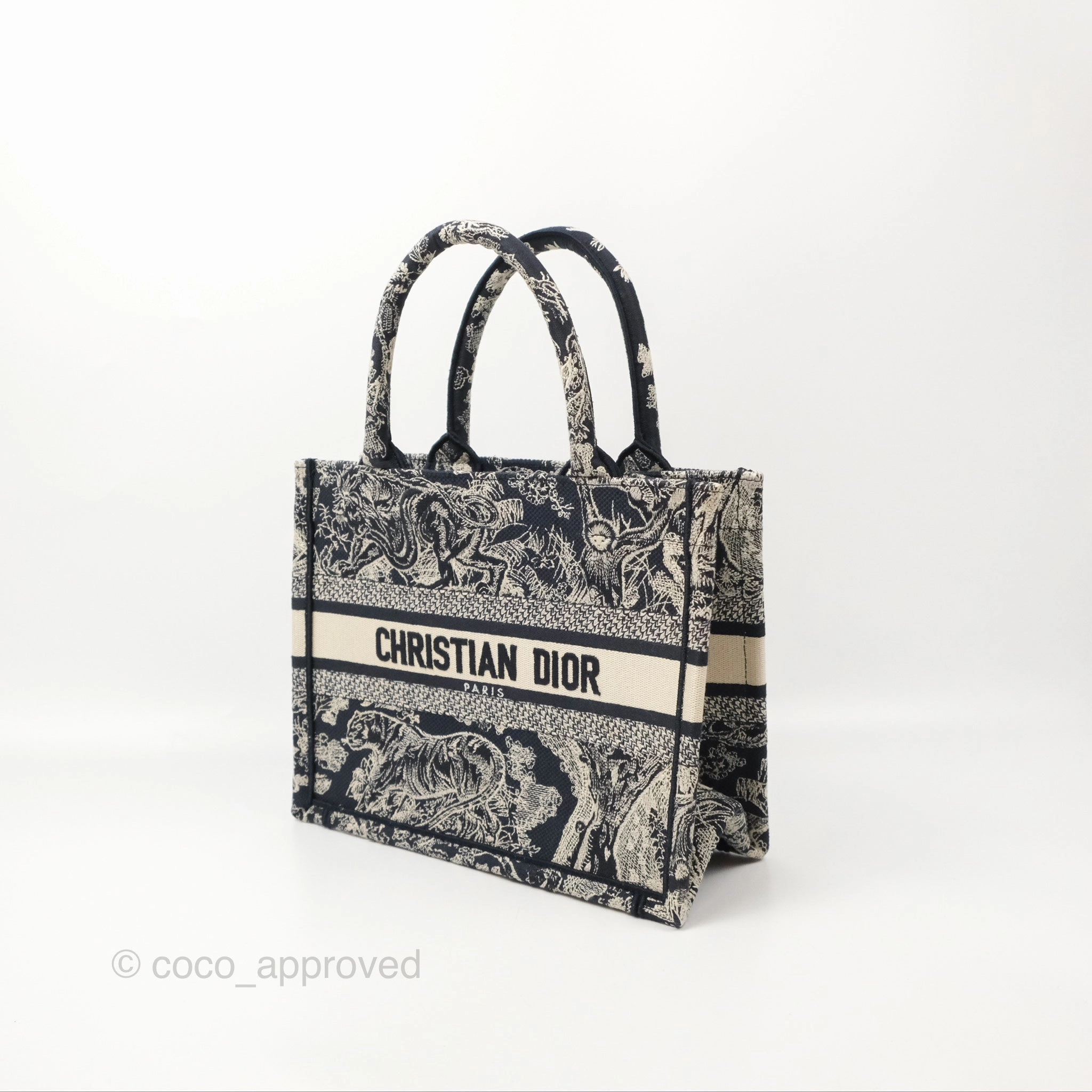 Christian Dior New Small Embroidered Toile De Jouy Canvas Book Tote Navy
