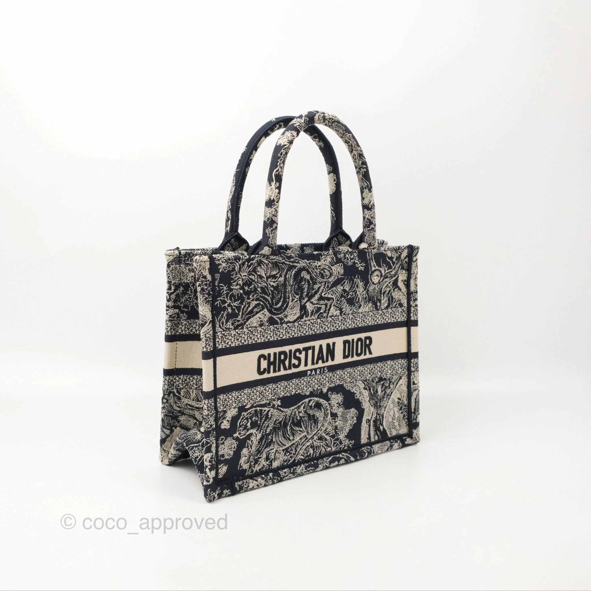 Christian Dior New Small Embroidered Toile De Jouy Canvas Book Tote Navy