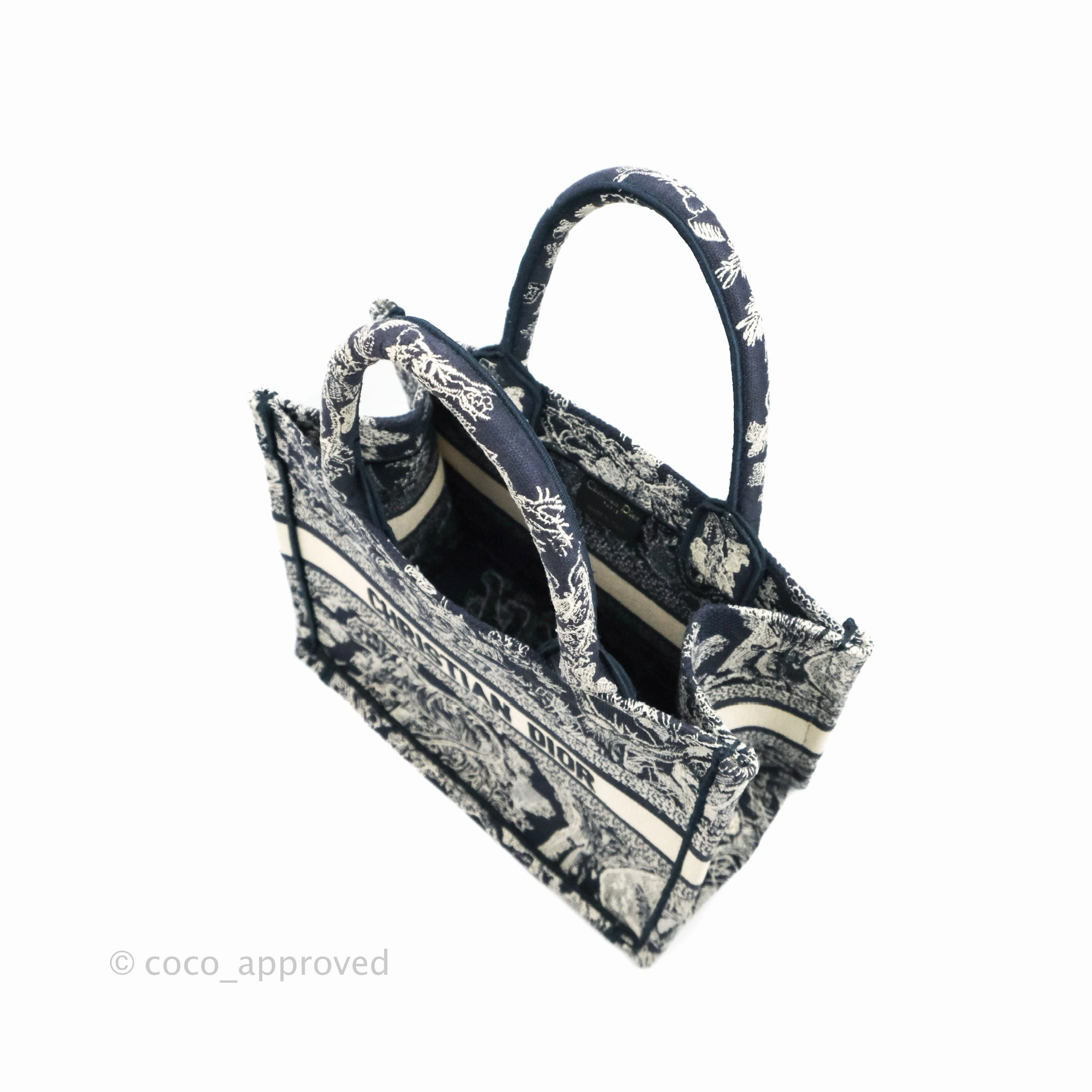 Christian Dior New Small Embroidered Toile De Jouy Navy Canvas Book Tote