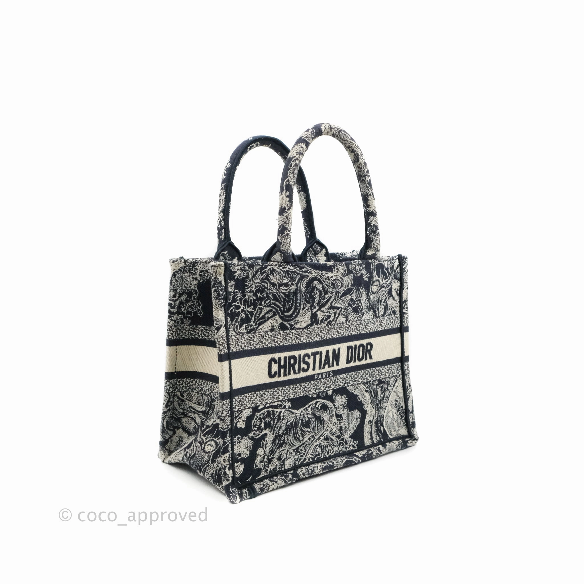 Christian Dior New Small Embroidered Toile De Jouy Navy Canvas Book Tote