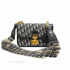Christian Dior Oblique Small DiorAddict Flap Bag Navy Blue Aged Gold Hardware