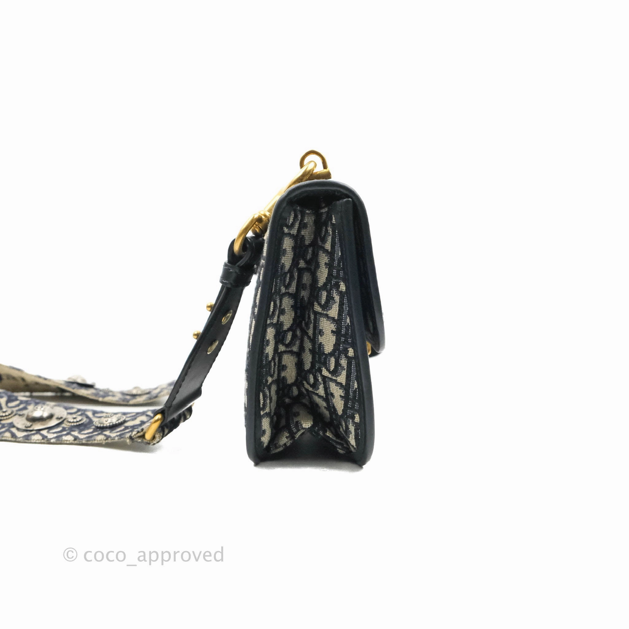 Christian Dior Oblique Small DiorAddict Flap Bag Navy Blue Aged Gold Hardware
