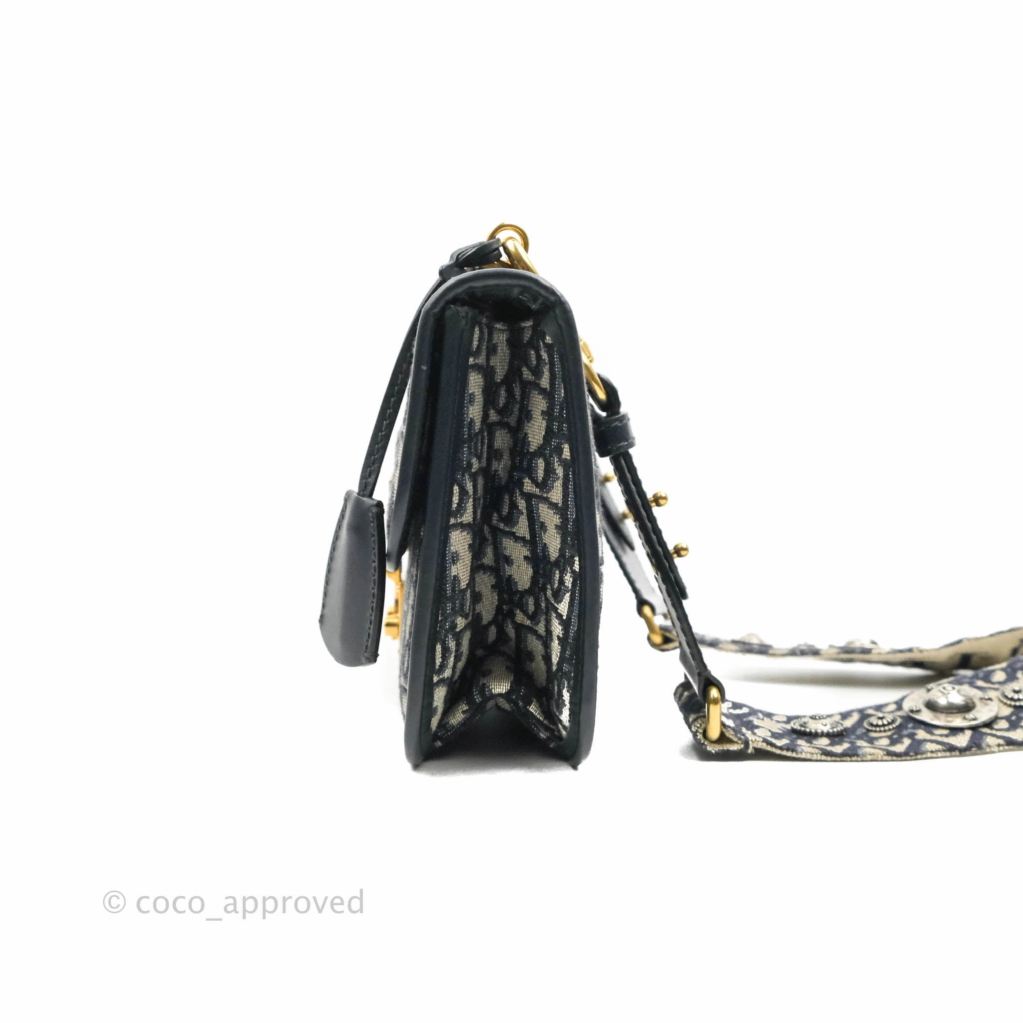 Christian Dior Oblique Small DiorAddict Flap Bag Navy Blue Aged Gold Hardware