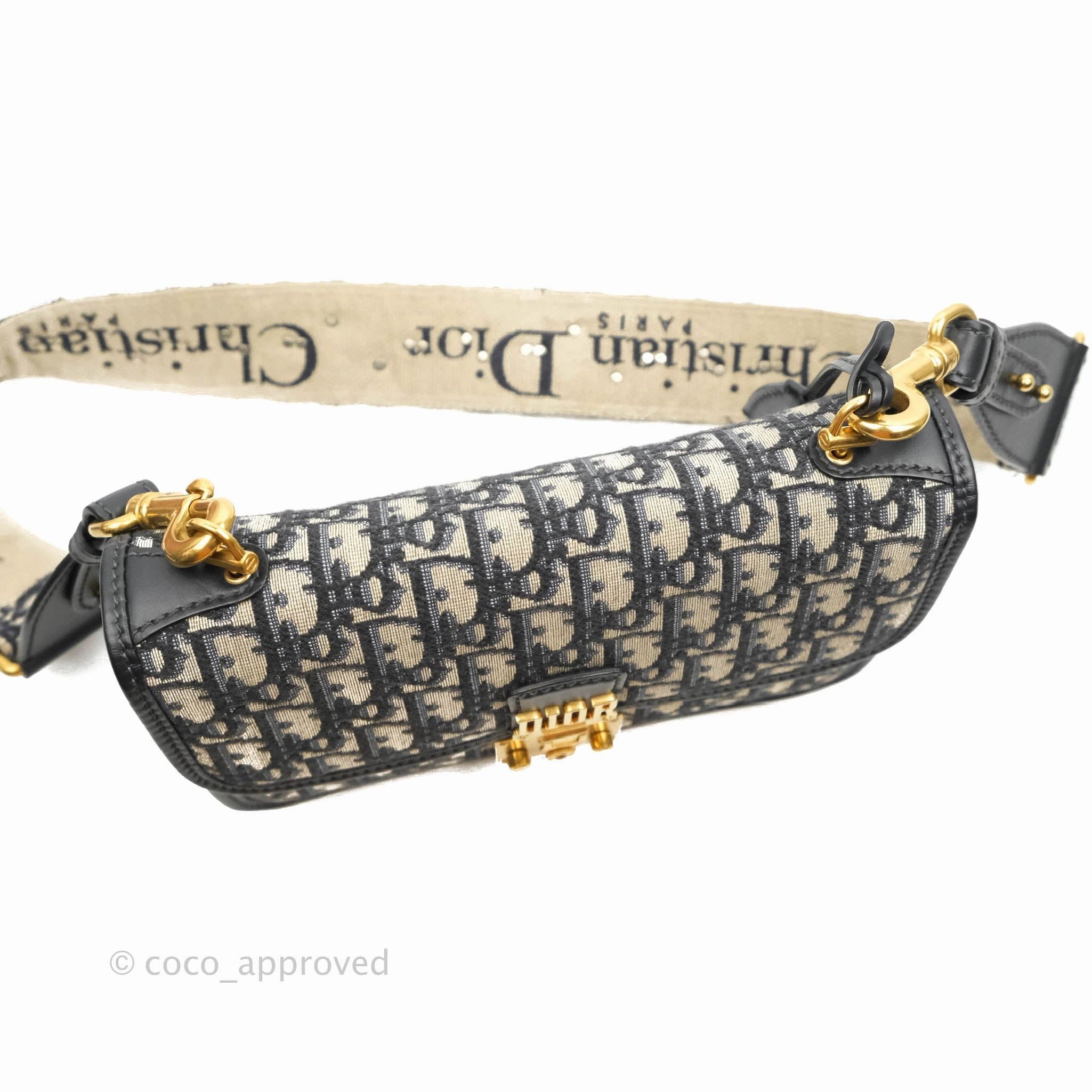 Christian Dior Oblique Small DiorAddict Flap Bag Navy Blue Aged Gold Hardware
