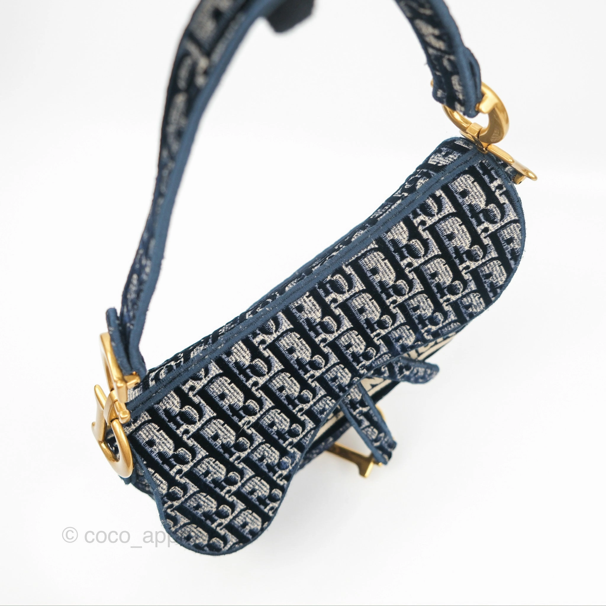 Christian Dior Saddle Bag Velvet Navy Dior Oblique Embroidery Gold Hardware