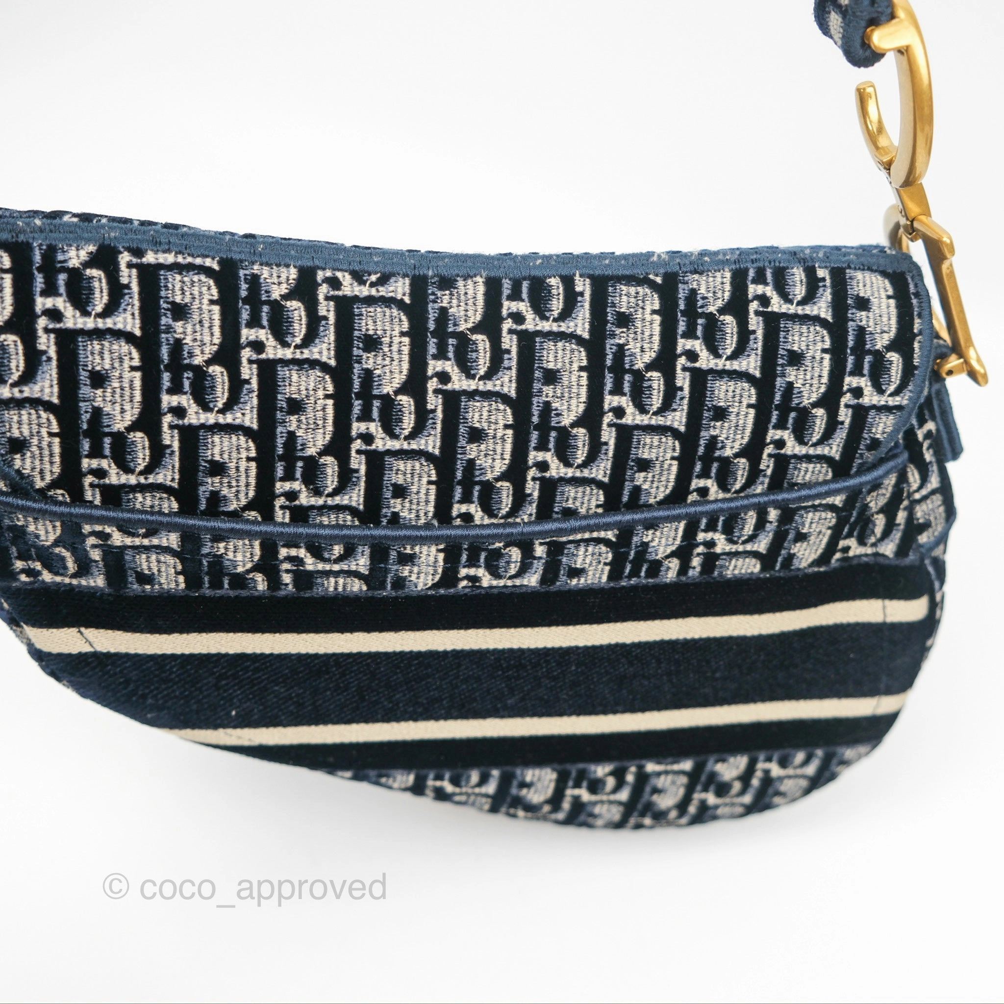 Christian Dior Saddle Bag Velvet Navy Dior Oblique Embroidery Gold Hardware