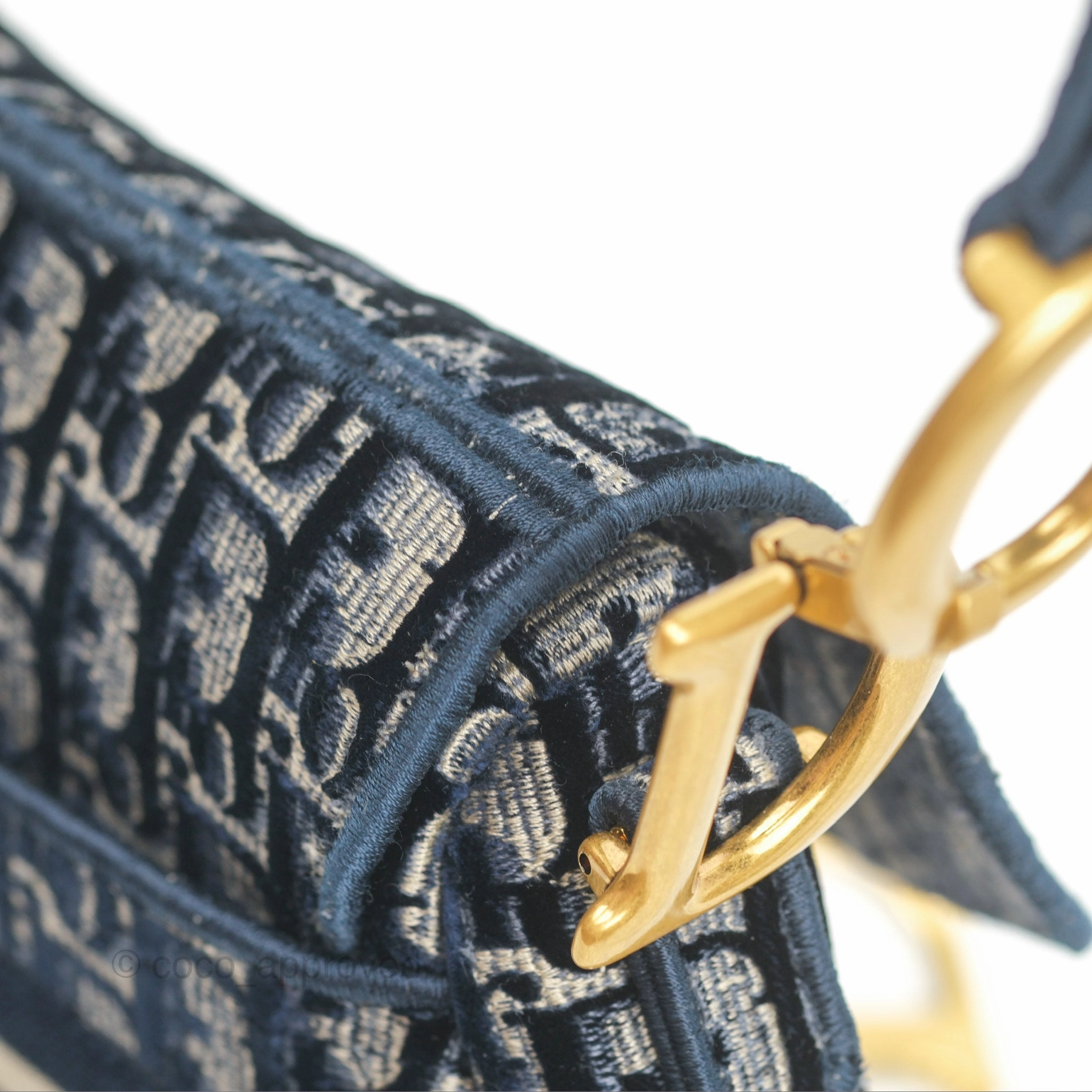 Christian Dior Saddle Bag Velvet Navy Dior Oblique Embroidery Gold Hardware