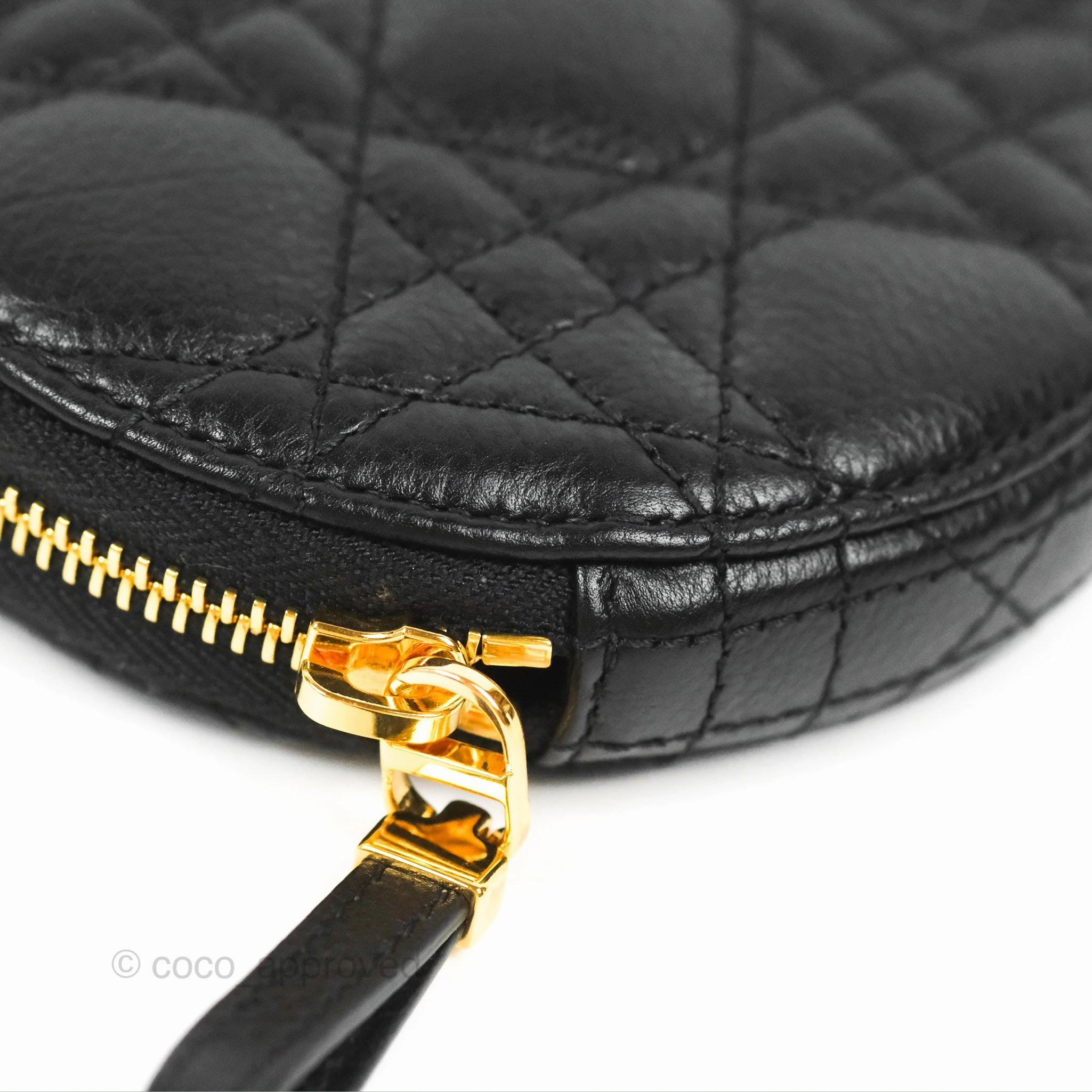 Dior Caro Round Pouch With Chain Black Calfskin