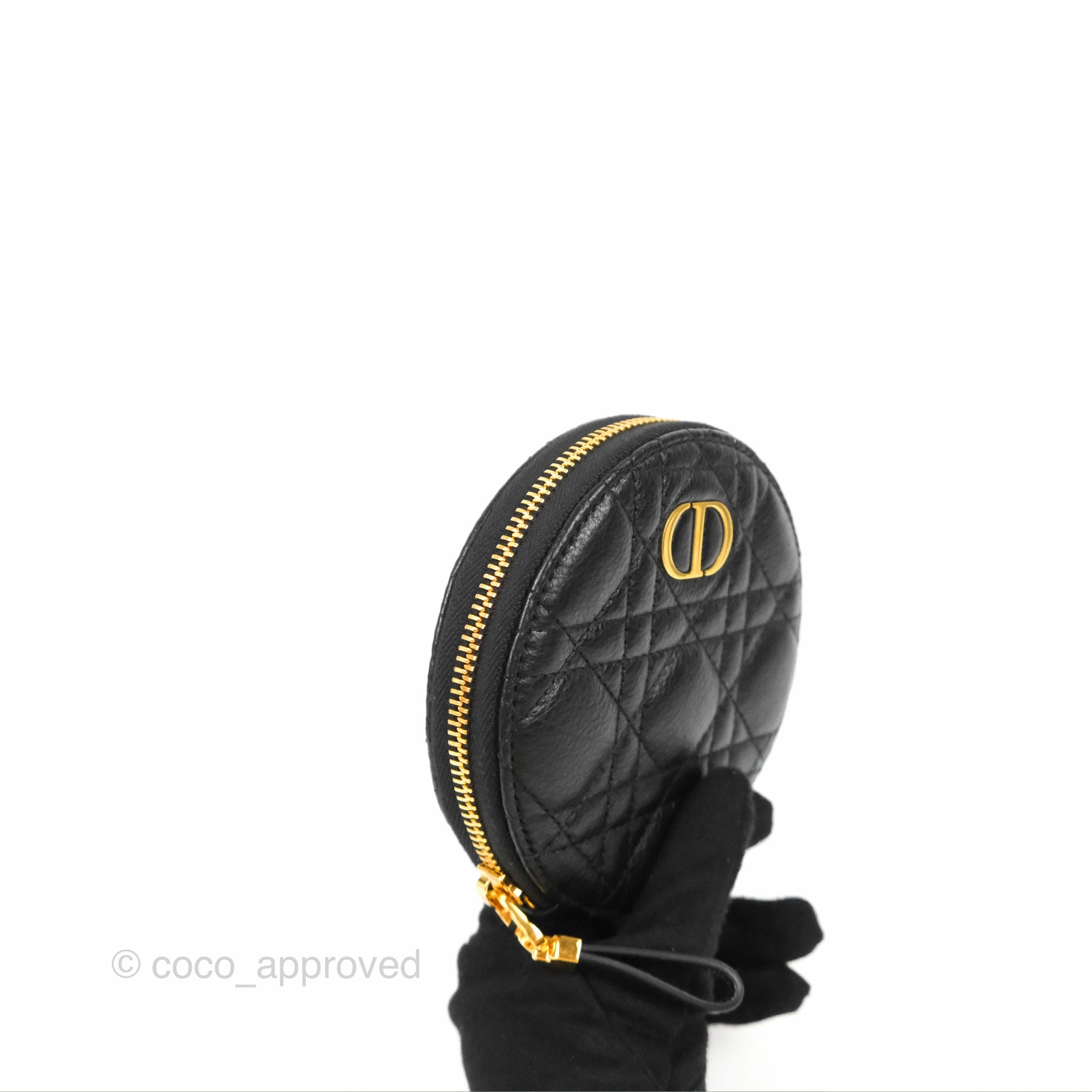 Dior Caro Round Pouch With Chain Black Calfskin