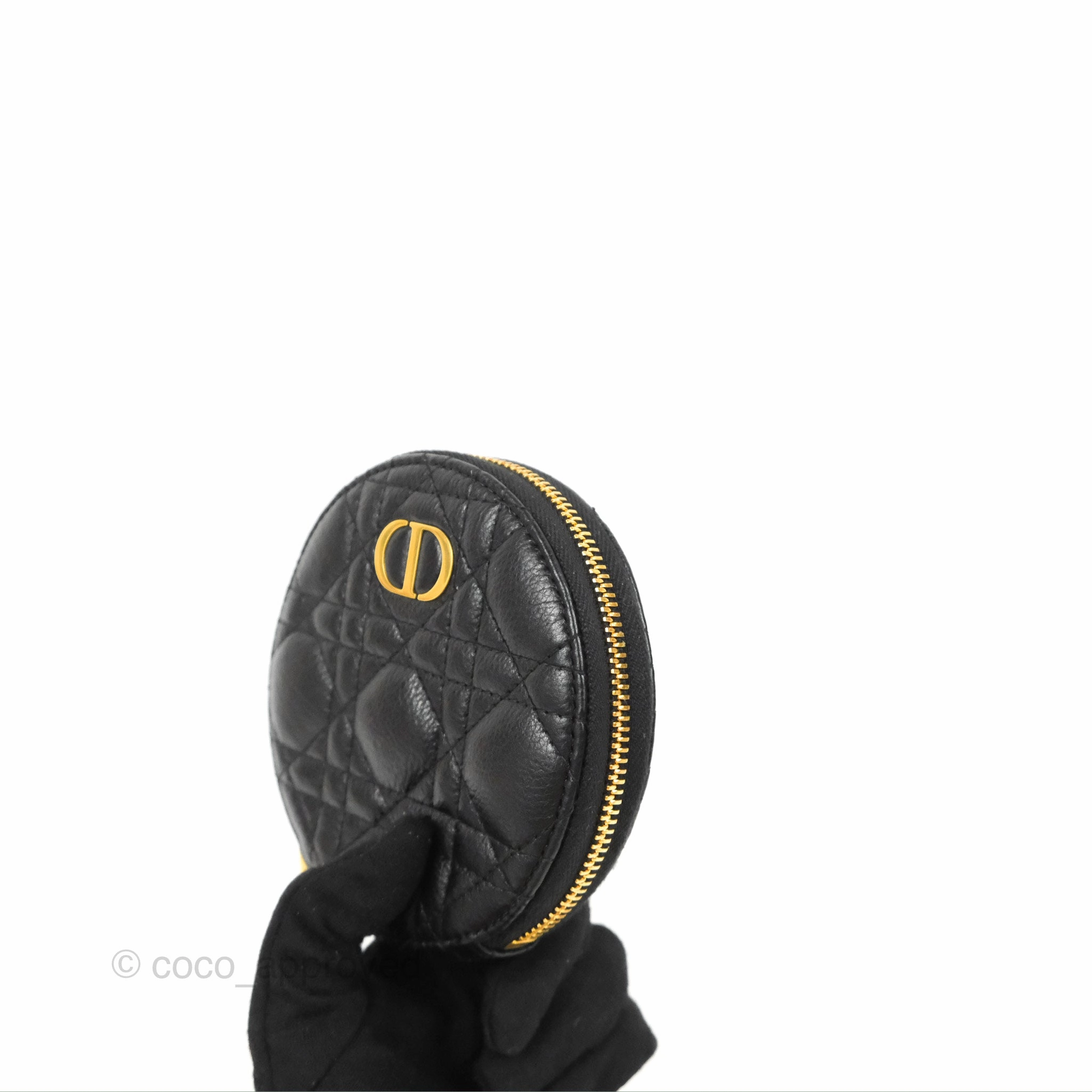 Dior Caro Round Pouch With Chain Black Calfskin