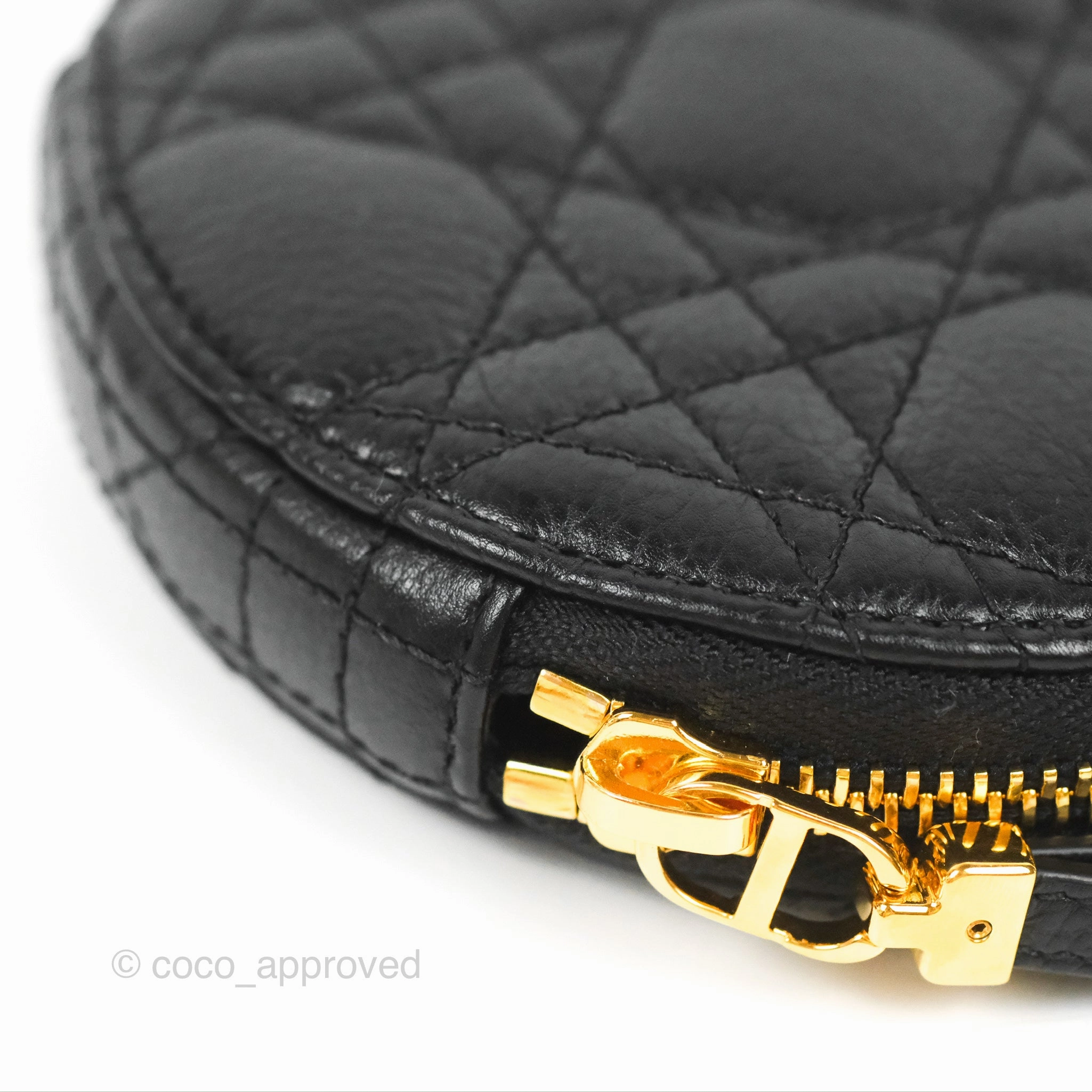 Dior Caro Round Pouch With Chain Black Calfskin