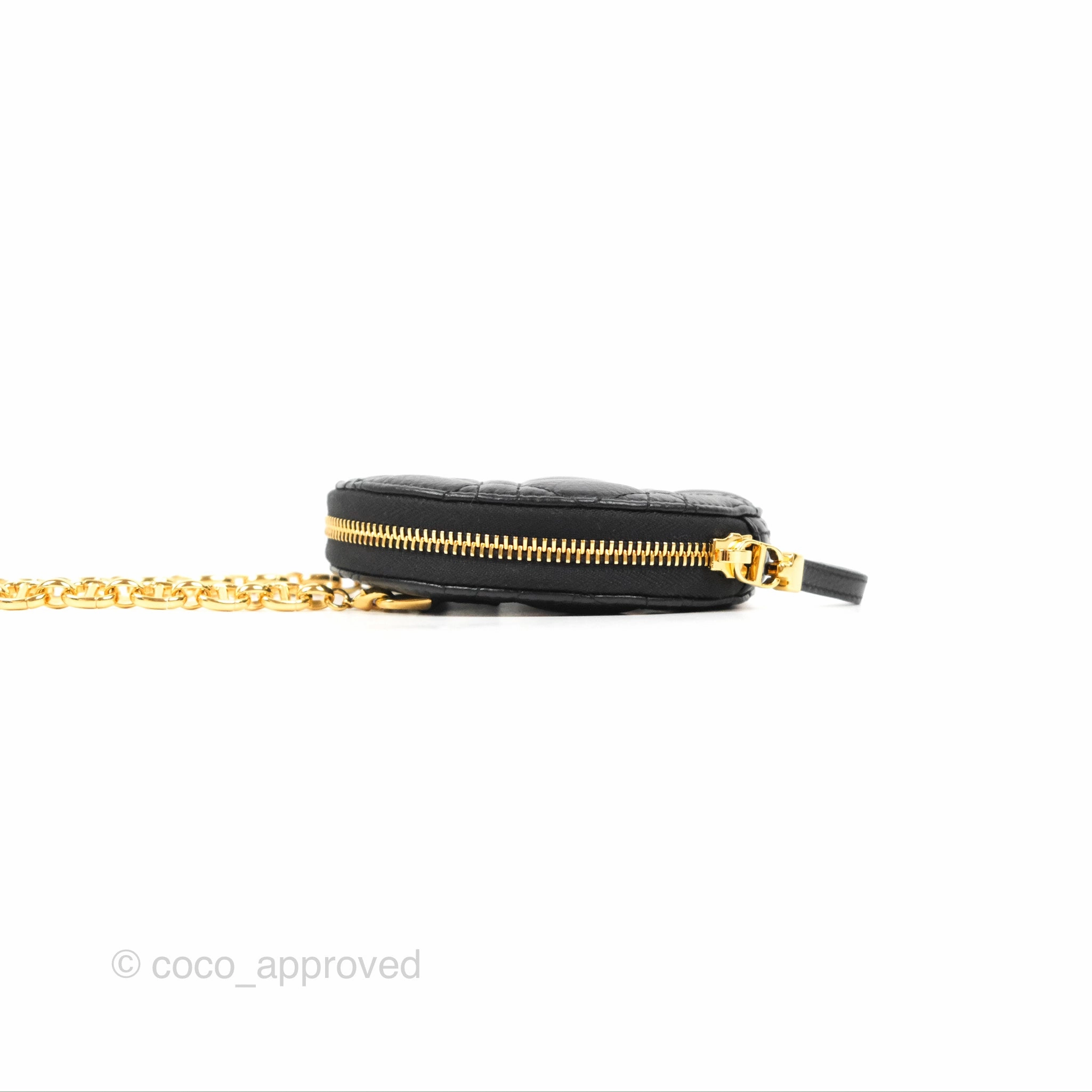 Dior Caro Round Pouch With Chain Black Calfskin