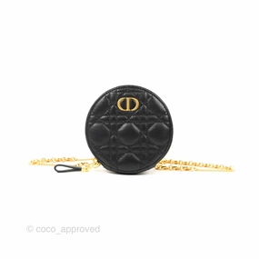 Dior Caro Round Pouch With Chain Black Calfskin