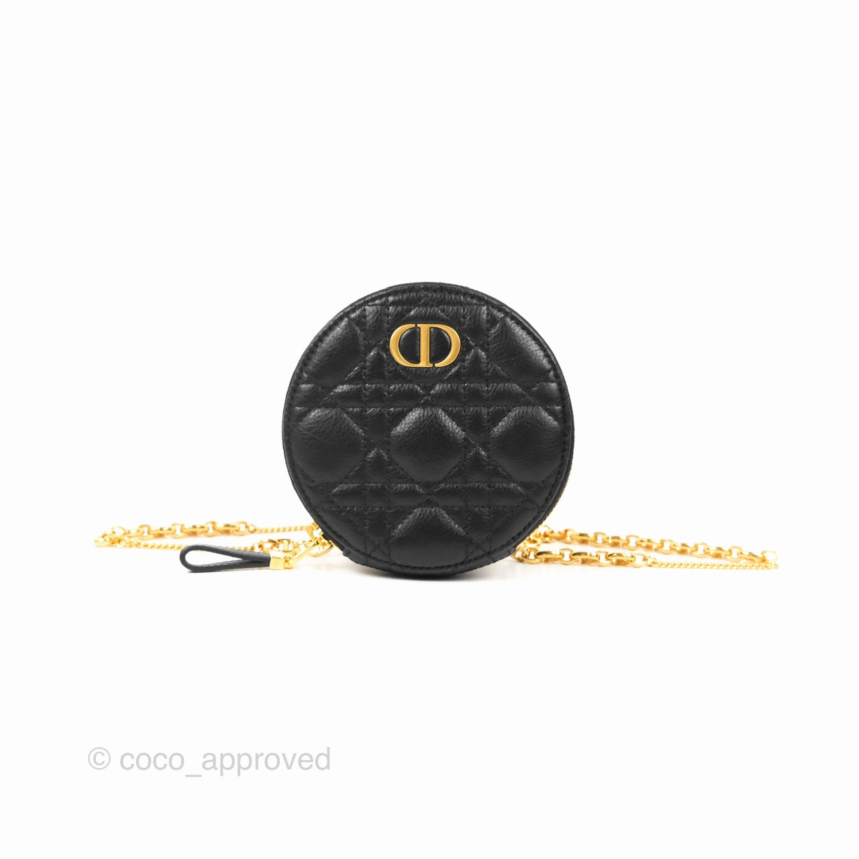 Dior Caro Round Pouch With Chain Black Calfskin
