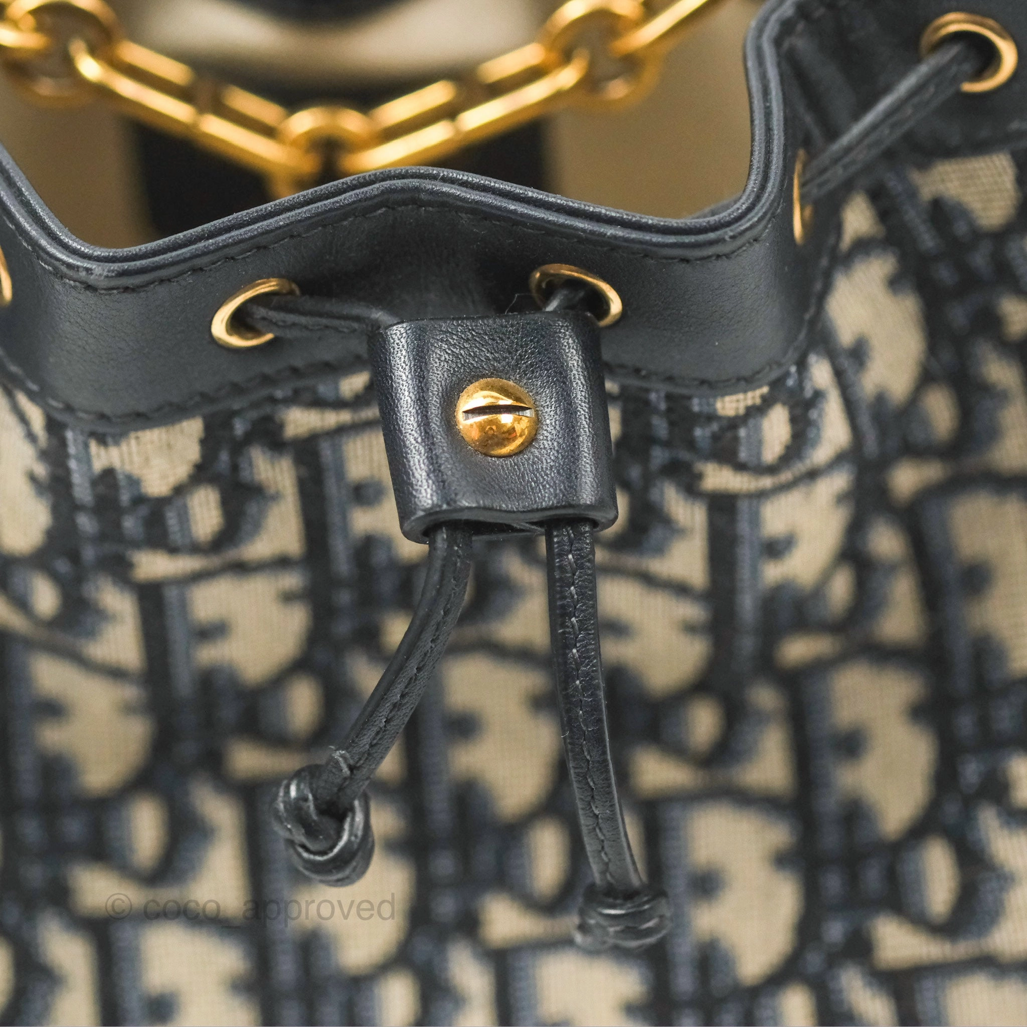 Dior Drawstring Chain Bucket Bag Navy Oblique Canvas