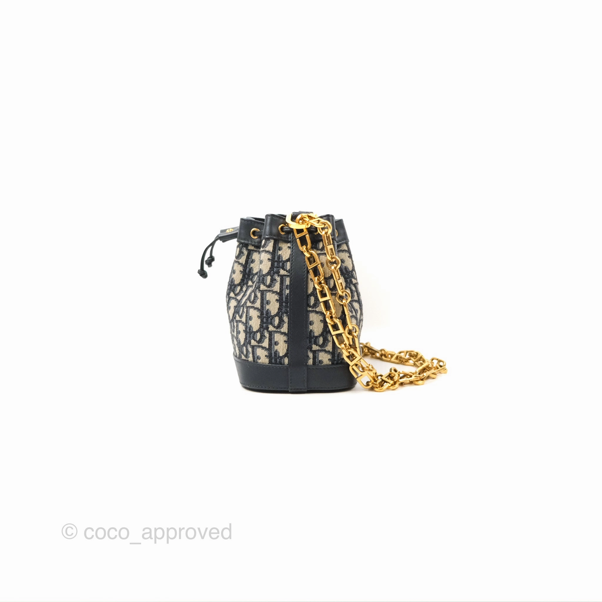 Dior Drawstring Chain Bucket Bag Navy Oblique Canvas