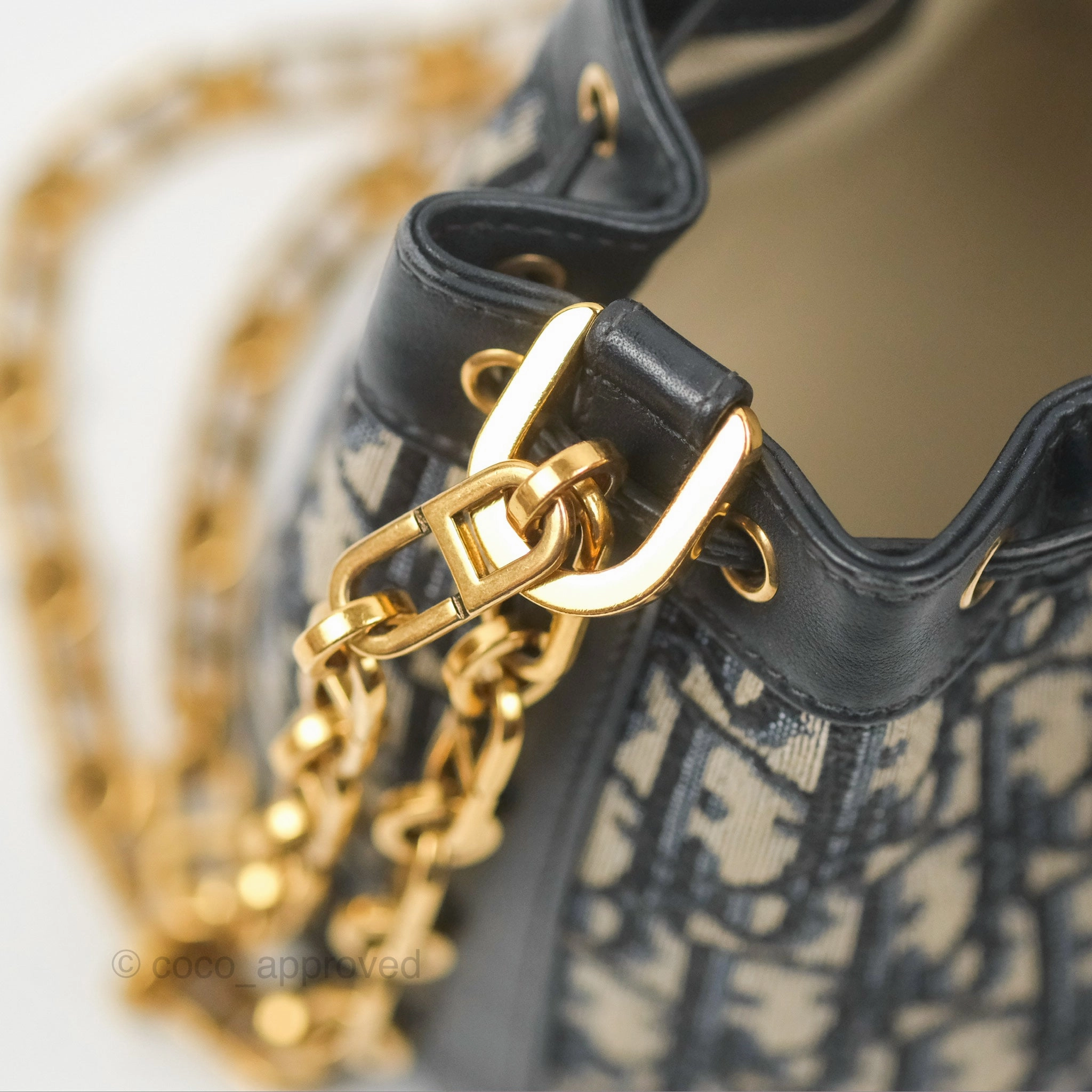 Dior Drawstring Chain Bucket Bag Navy Oblique Canvas