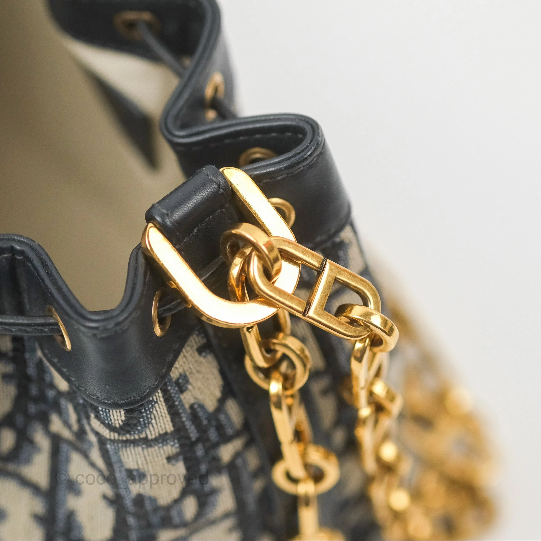 Dior Drawstring Chain Bucket Bag Navy Oblique Canvas