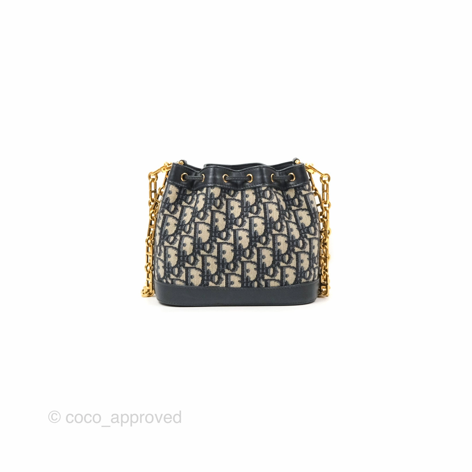 Dior Drawstring Chain Bucket Bag Navy Oblique Canvas
