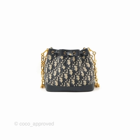 Dior Drawstring Chain Bucket Bag Navy Oblique Canvas