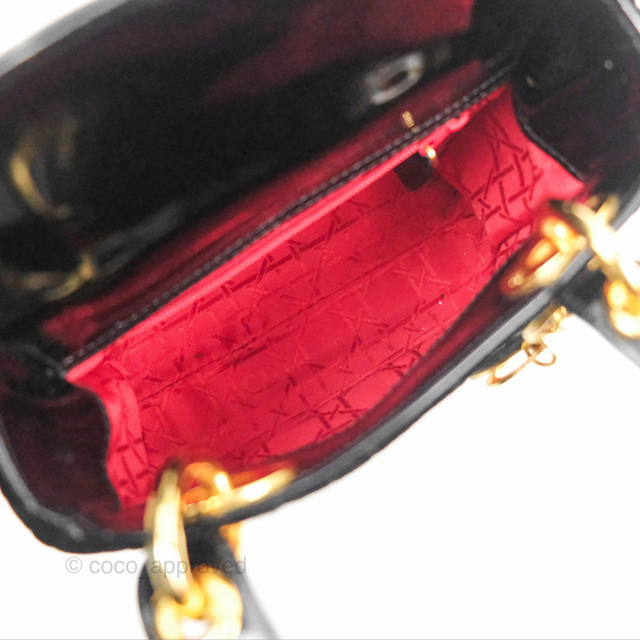 Dior Mini Lady Dior Cannage Black Suede Patent Gold Hardware