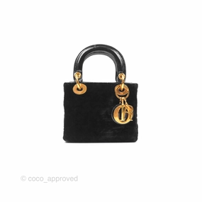 Dior Mini Lady Dior Cannage Black Suede Patent Gold Hardware