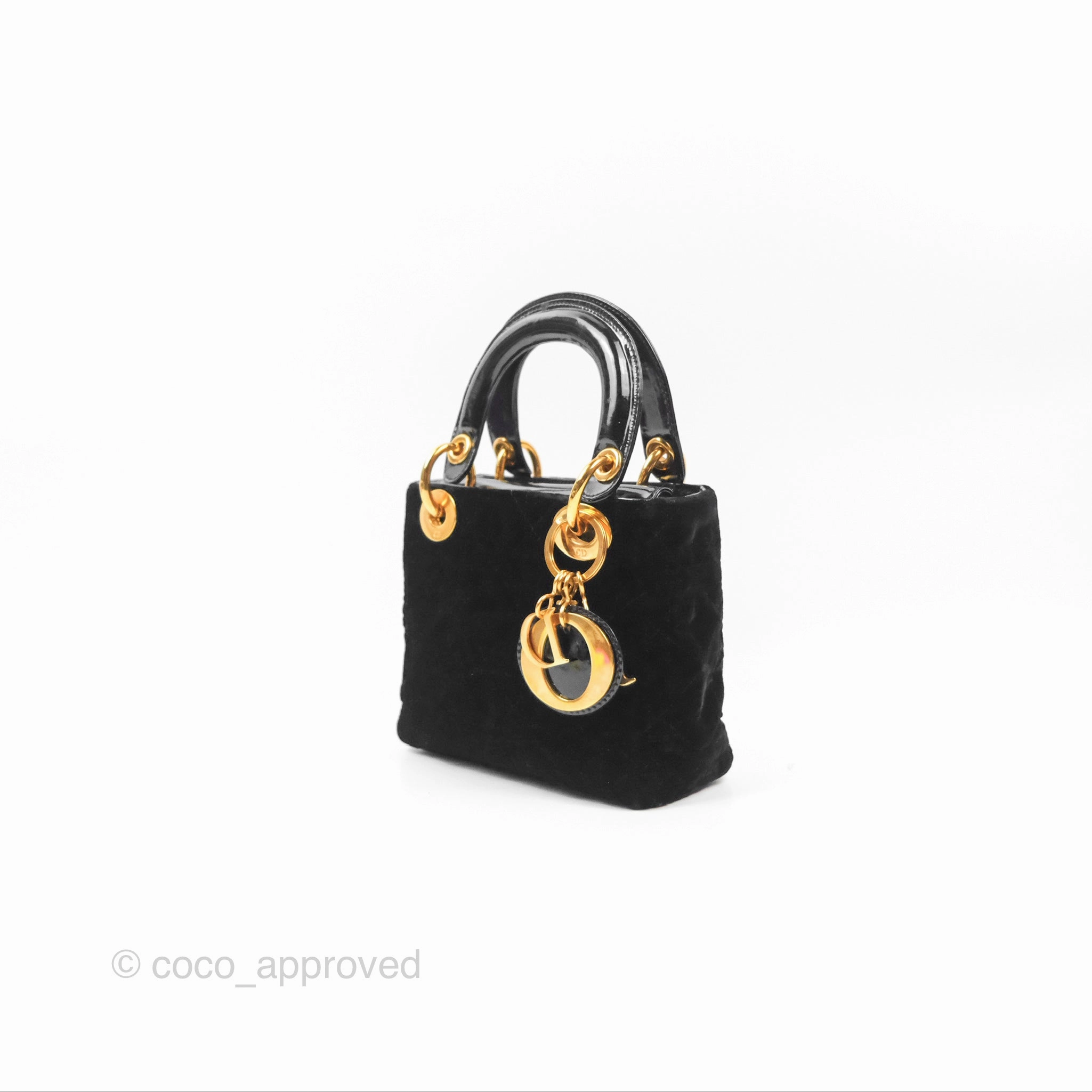 Dior Mini Lady Dior Cannage Black Suede Patent Gold Hardware