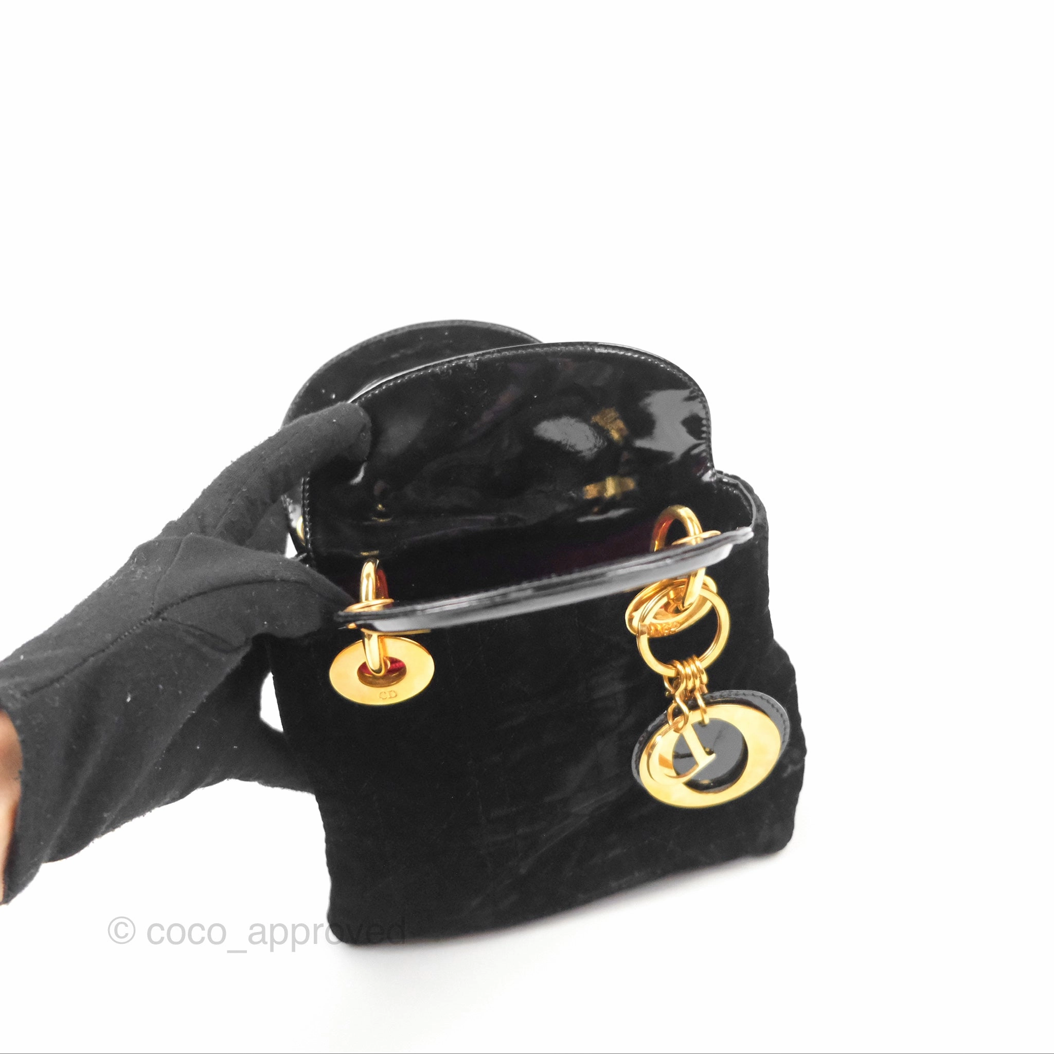 Dior Mini Lady Dior Cannage Black Suede Patent Gold Hardware