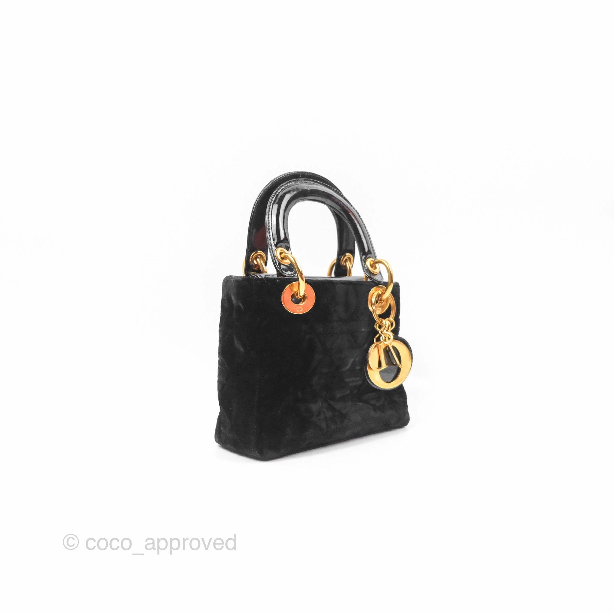 Dior Mini Lady Dior Cannage Black Suede Patent Gold Hardware