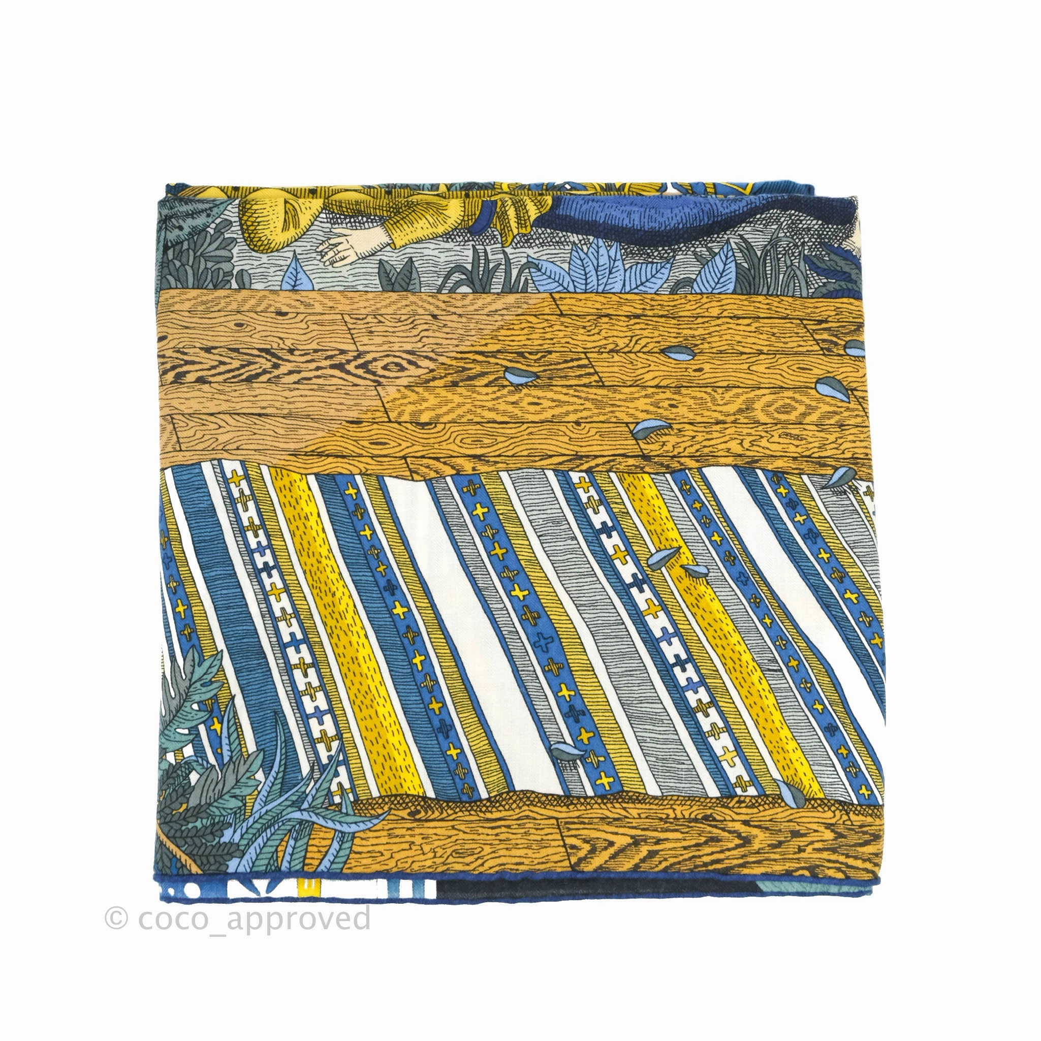 Hermes Acte III. Scene I. La Clairiere shawl 140 Scarf Bleu Nuit/Jaune/Vert