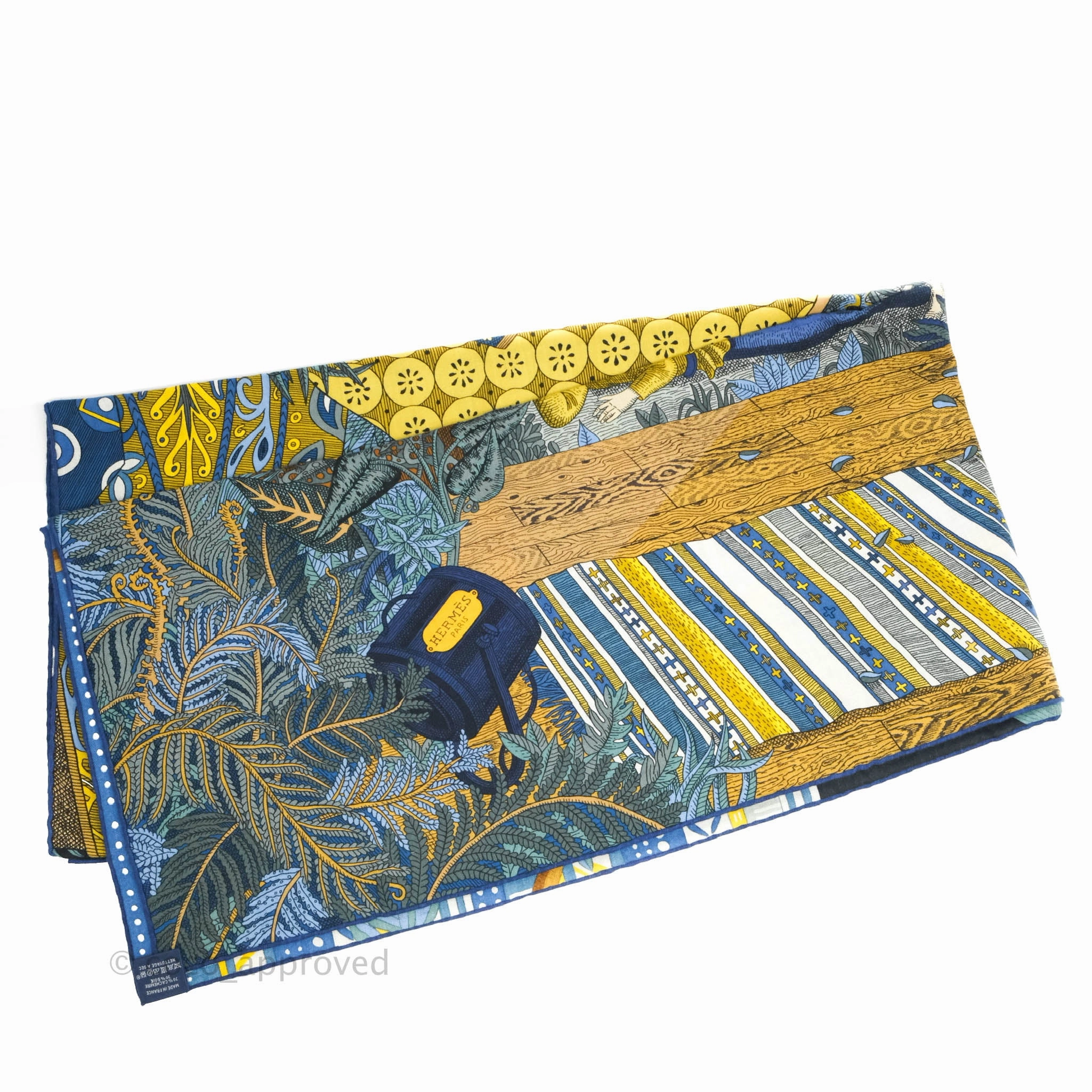 Hermes Acte III. Scene I. La Clairiere shawl 140 Scarf Bleu Nuit/Jaune/Vert