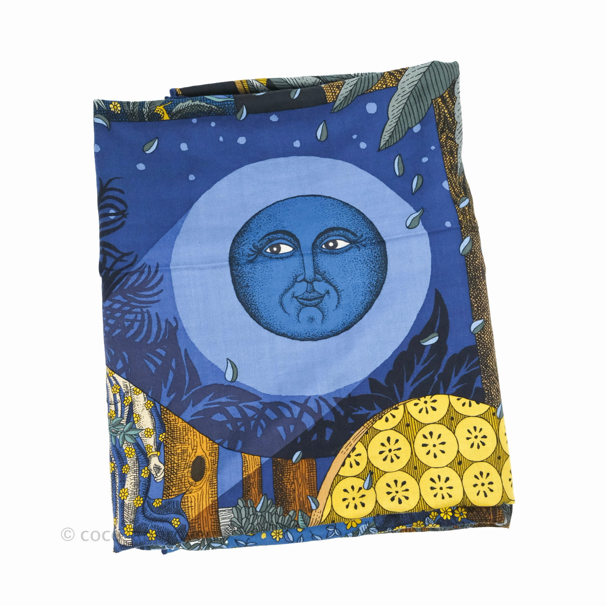 Hermes Acte III. Scene I. La Clairiere shawl 140 Scarf Bleu Nuit/Jaune/Vert