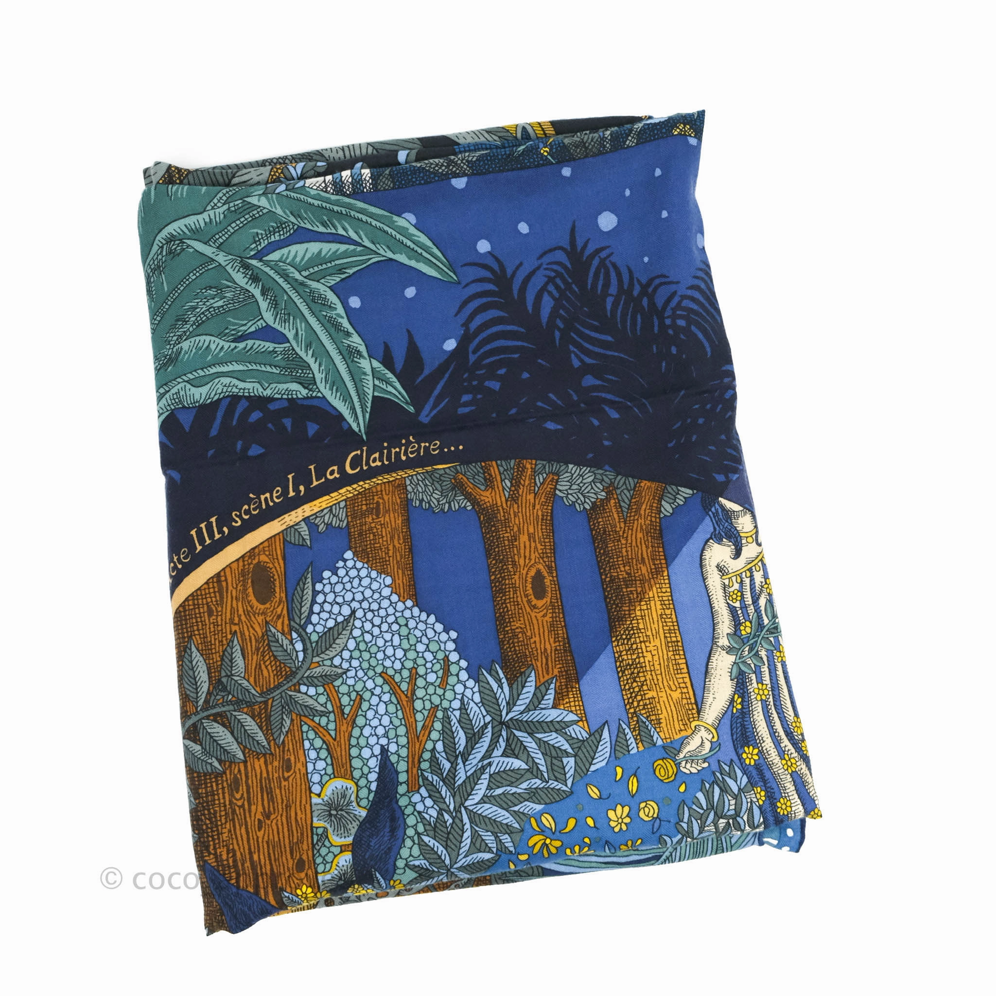 Hermes Acte III. Scene I. La Clairiere shawl 140 Scarf Bleu Nuit/Jaune/Vert