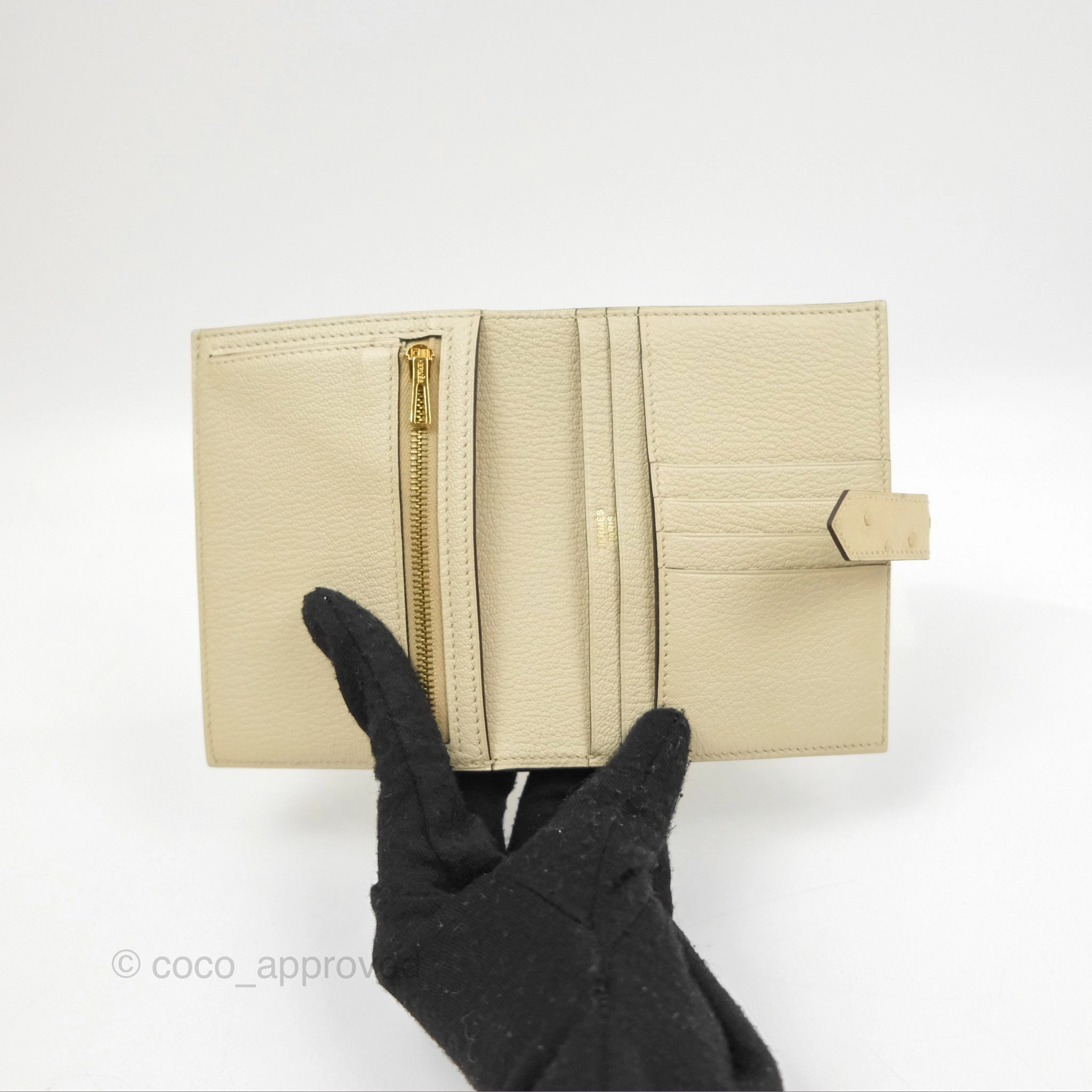 Hermes Bearn Compact Wallet Parchemin Autruche Gold Hardware