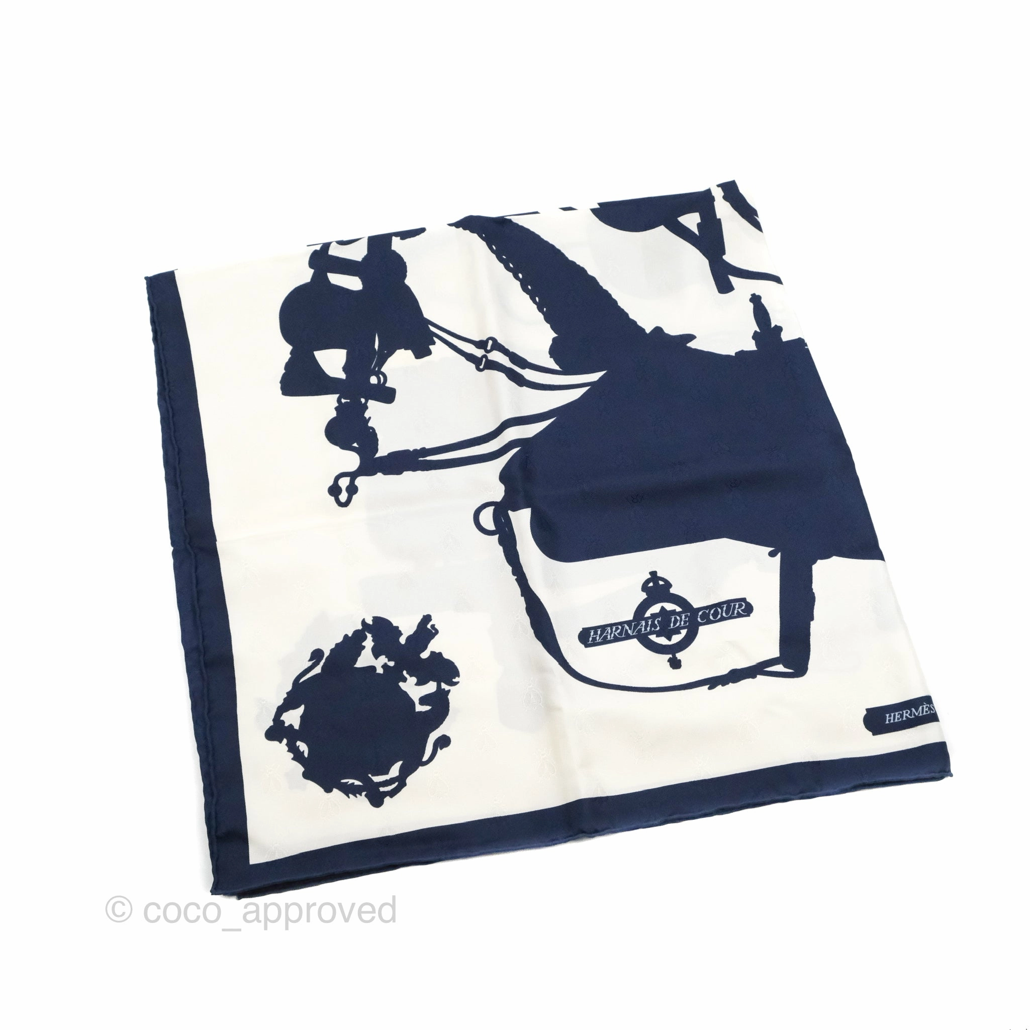 Hermes Silk Harnais De Cour Tattoo Scarf 90 Marine/ Blanc
