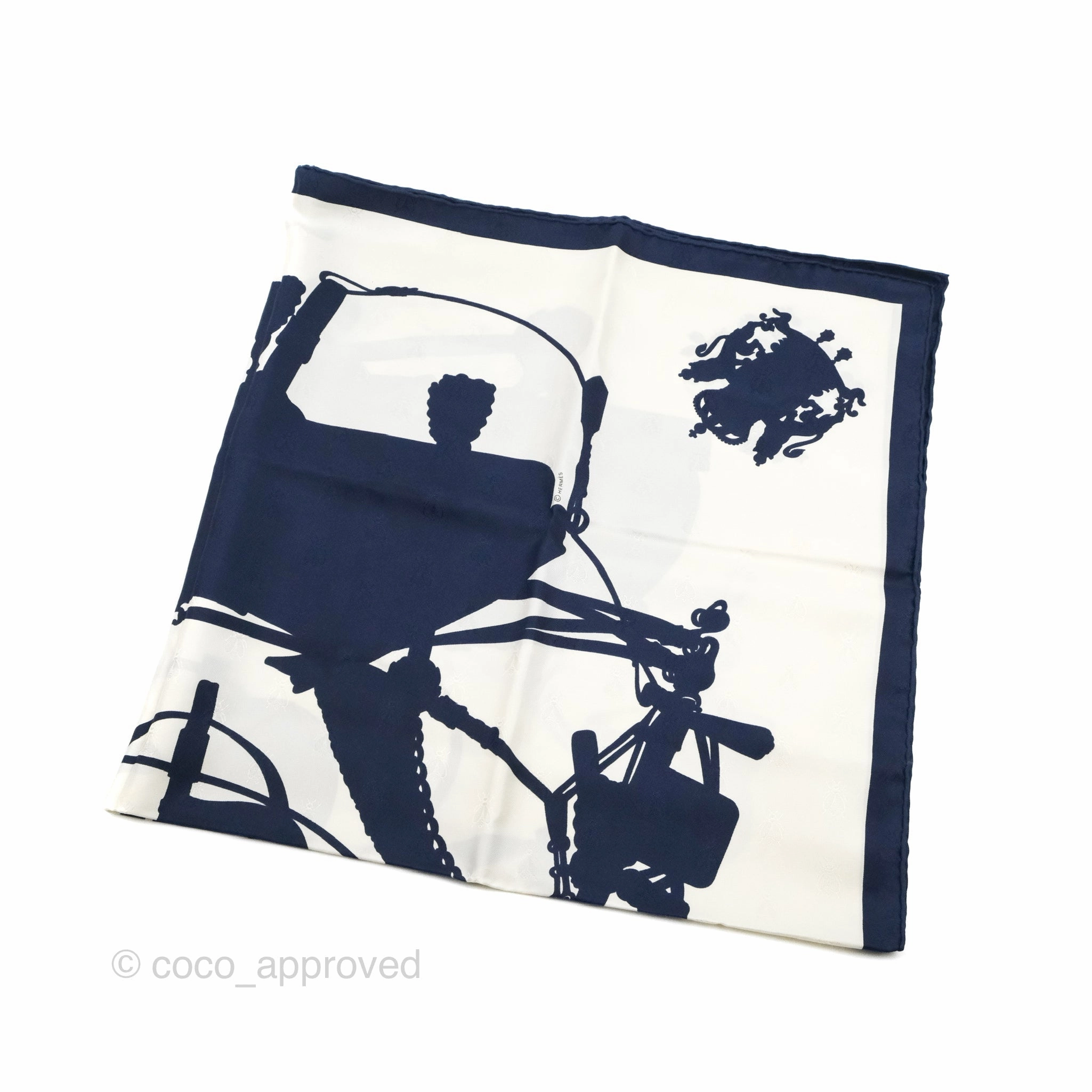 Hermes Silk Harnais De Cour Tattoo Scarf 90 Marine/ Blanc