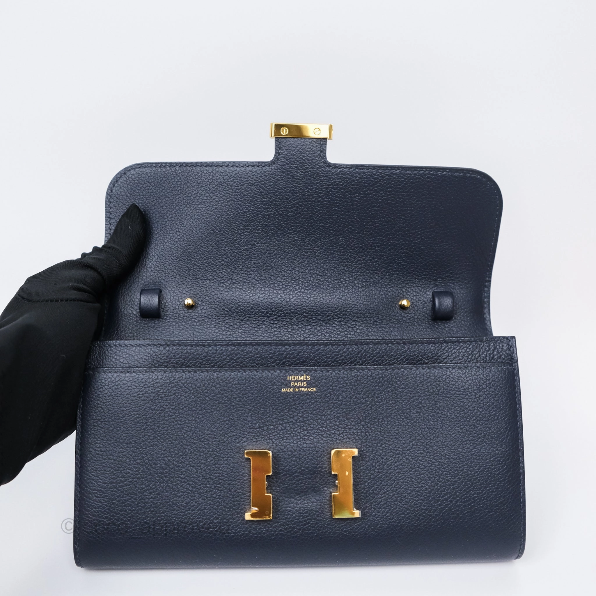 Herms Constance Long To Go Wallet Blue Nuit 2Z Evercolor Gold Hardware