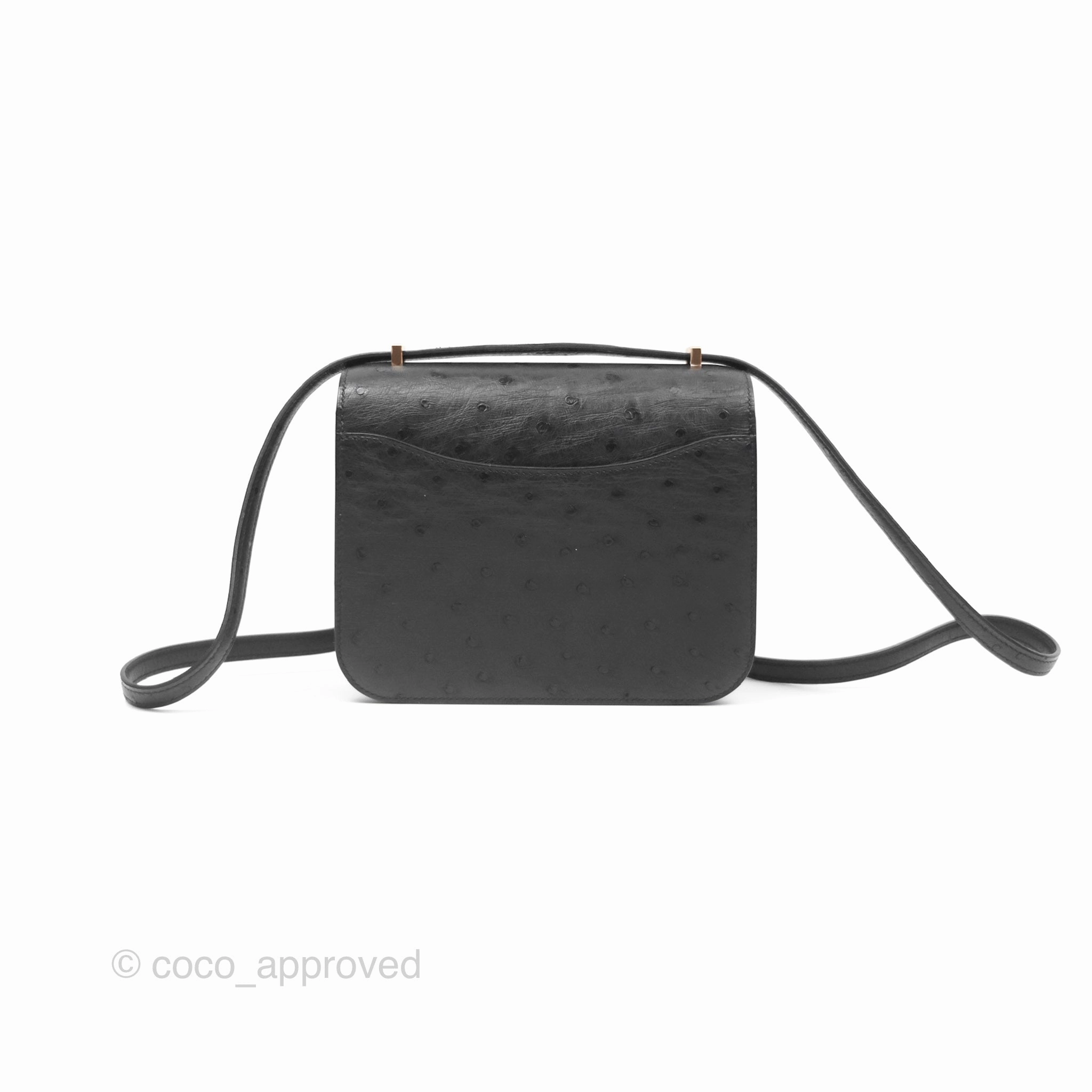 Herms Constance Mini 18cm Noir 89 Ostrich Rose Gold Hardware