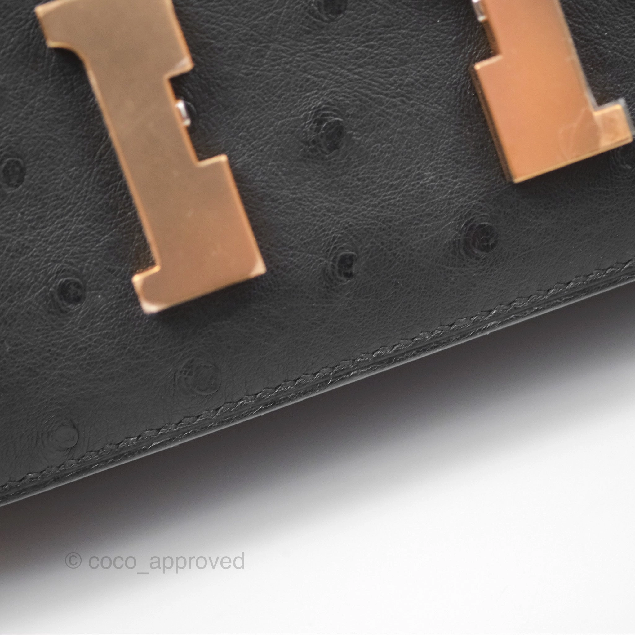 Herms Constance Mini 18cm Noir 89 Ostrich Rose Gold Hardware