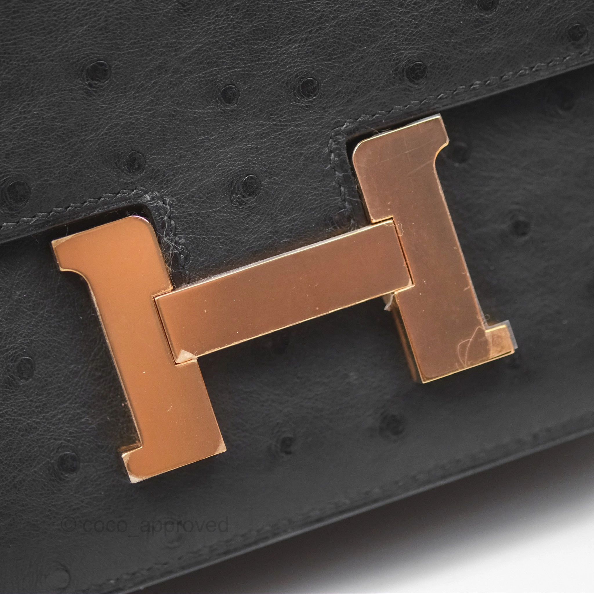 Herms Constance Mini 18cm Noir 89 Ostrich Rose Gold Hardware