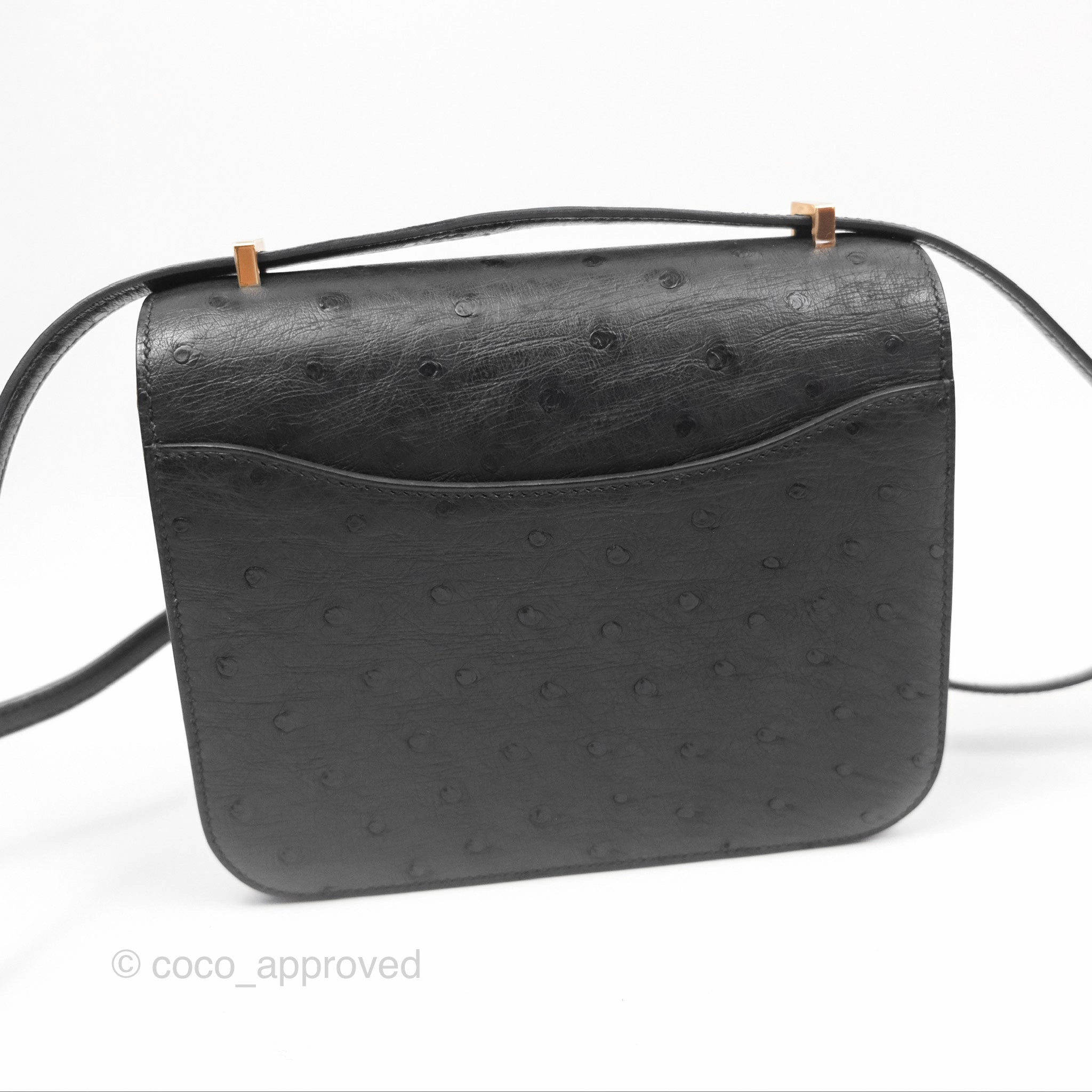 Herms Constance Mini 18cm Noir 89 Ostrich Rose Gold Hardware