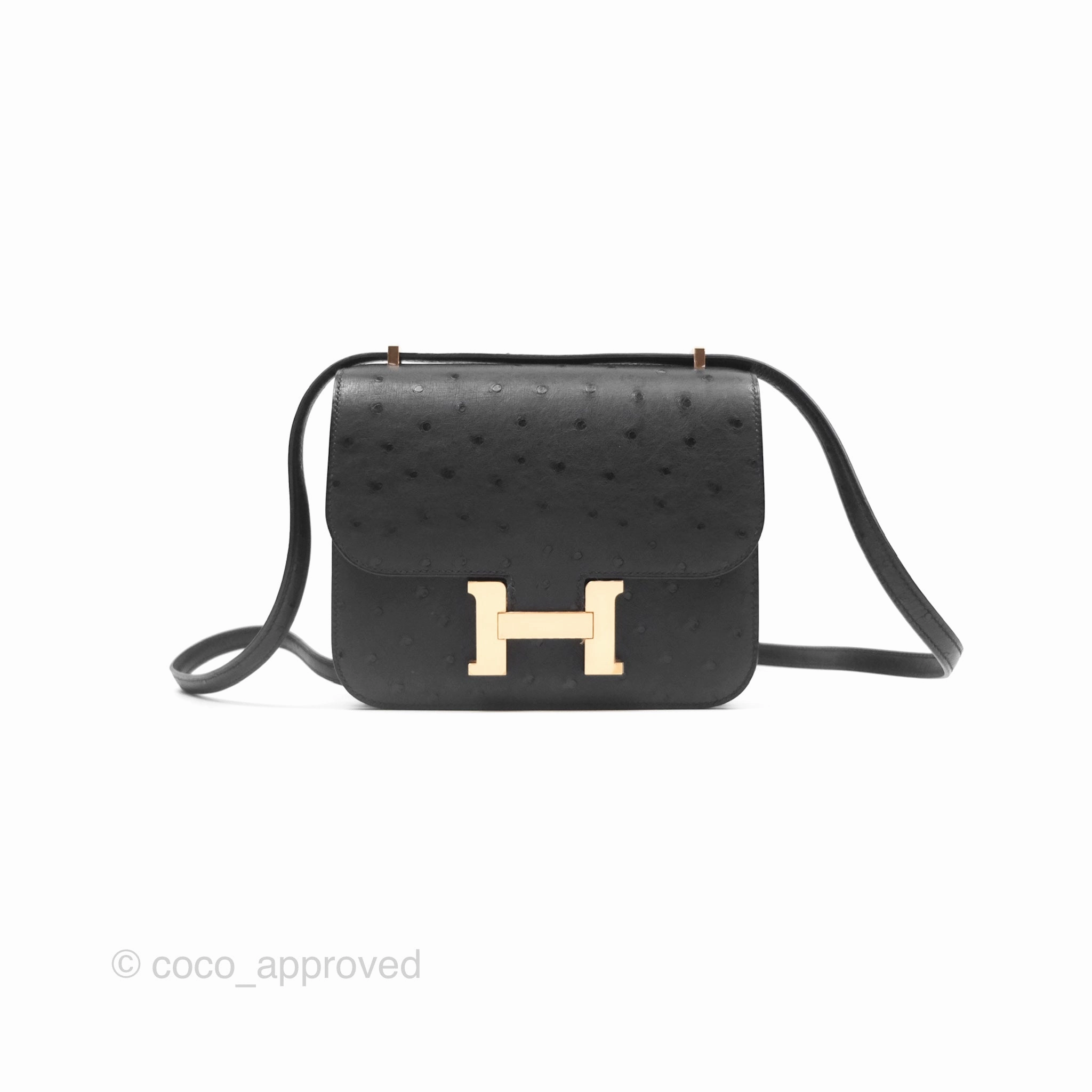 Herms Constance Mini 18cm Noir 89 Ostrich Rose Gold Hardware