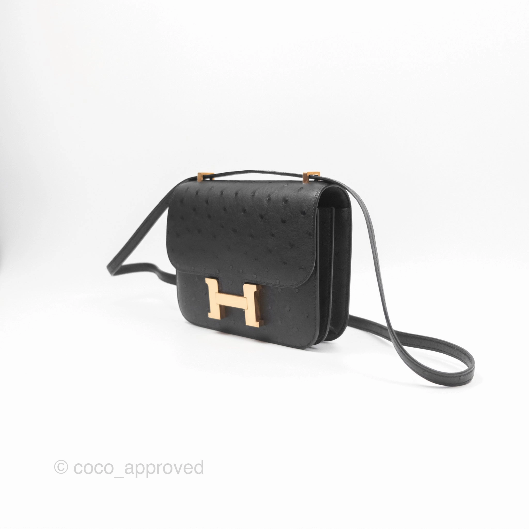 Herms Constance Mini 18cm Noir 89 Ostrich Rose Gold Hardware