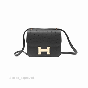 Herms Constance Mini 18cm Noir 89 Ostrich Rose Gold Hardware